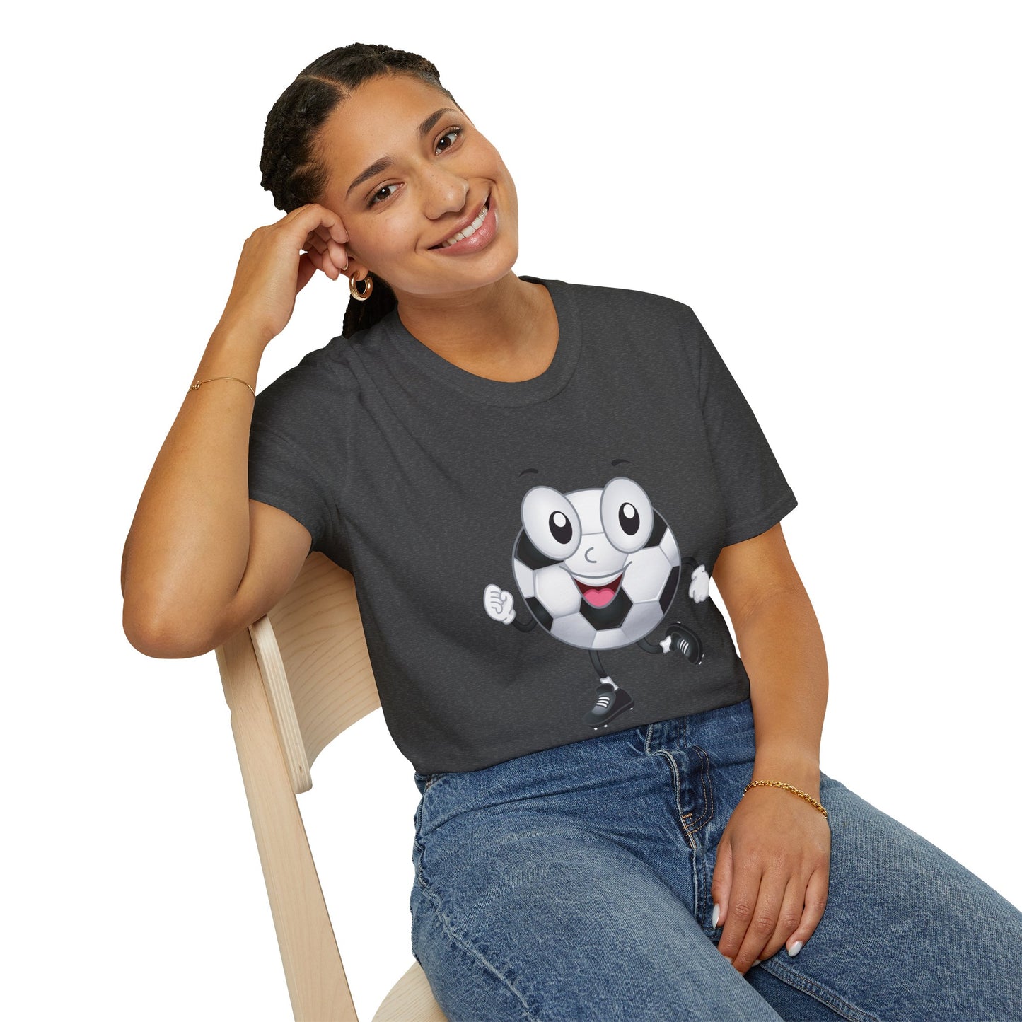 Adult Unisex Cute 'Go Team Go' Soccer T-Shirt — Soccer Ball Guy Cartoon SoccerTee (Great Gift)