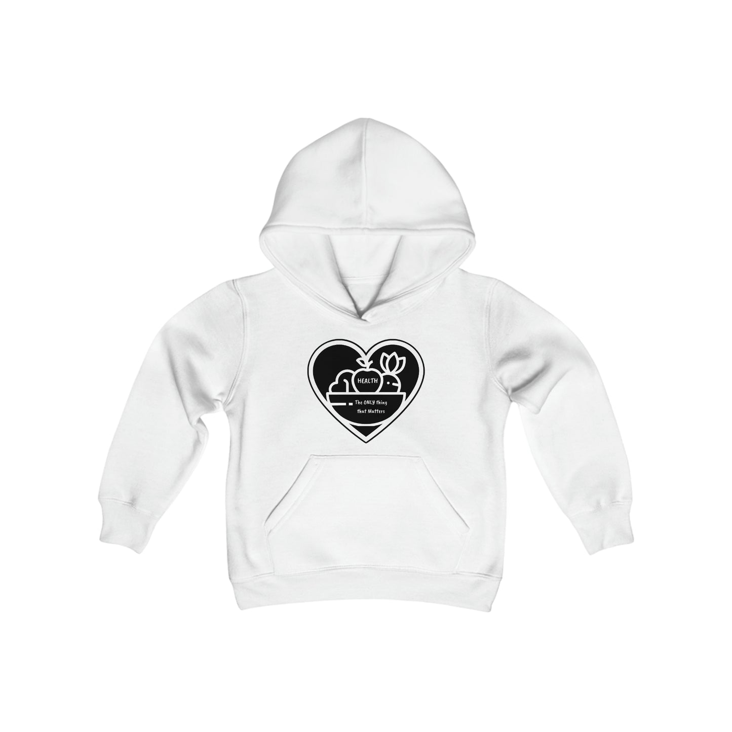 A white youth blend hooded sweatshirt featuring a heart and flower design, with a kangaroo pocket and twill taping. Made of 50% cotton, 50% polyester for comfort and print quality.