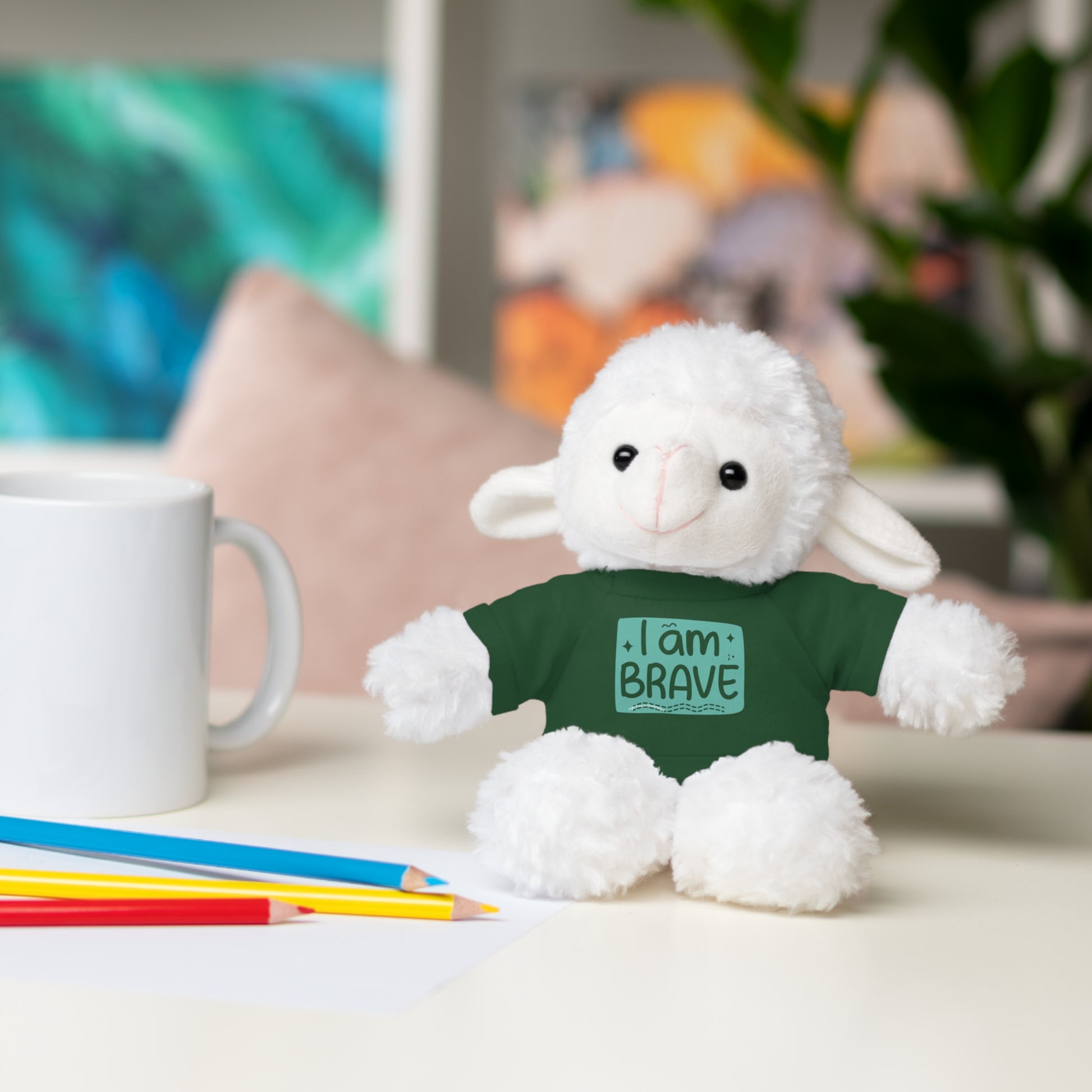 Stuffed animal with I am Brave tee, part of Cool Stuff Stuffies collection. Features customizable shirt; ideal for cuddling.