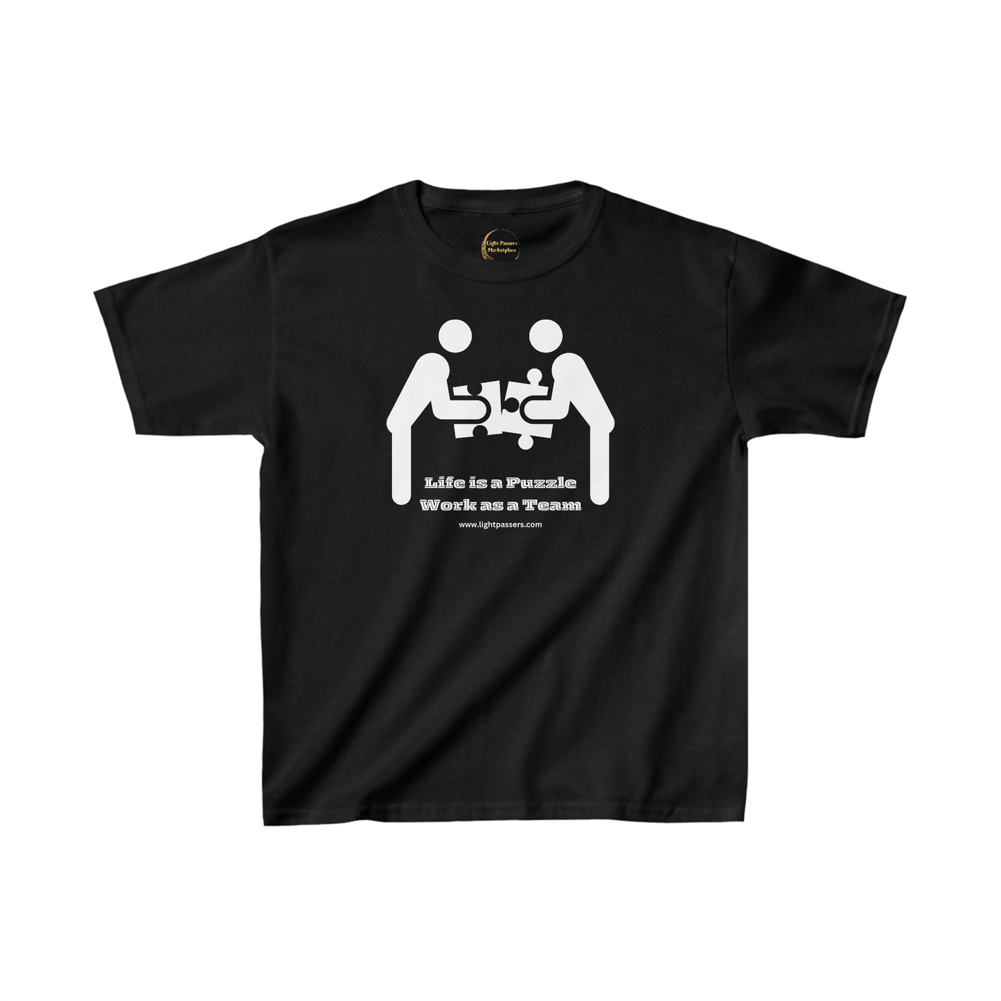 Youth black cotton tee with white puzzle piece graphics and Life is a Puzzle Work with a Team text. 100% cotton, twill tape shoulders, ribbed collar, tear-away label. Classic fit, 5.3 oz midweight fabric.