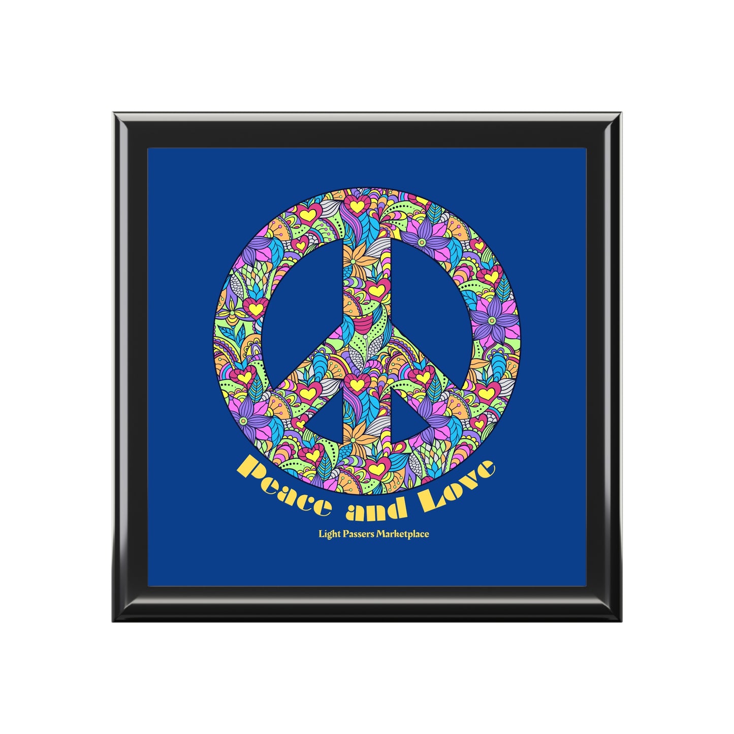 Flowered Peace Sign Wooden Jewelry Box with doodle-patterned peace sign on lid in black frame, showcasing Peace and Love text from Light Passers Marketplace.