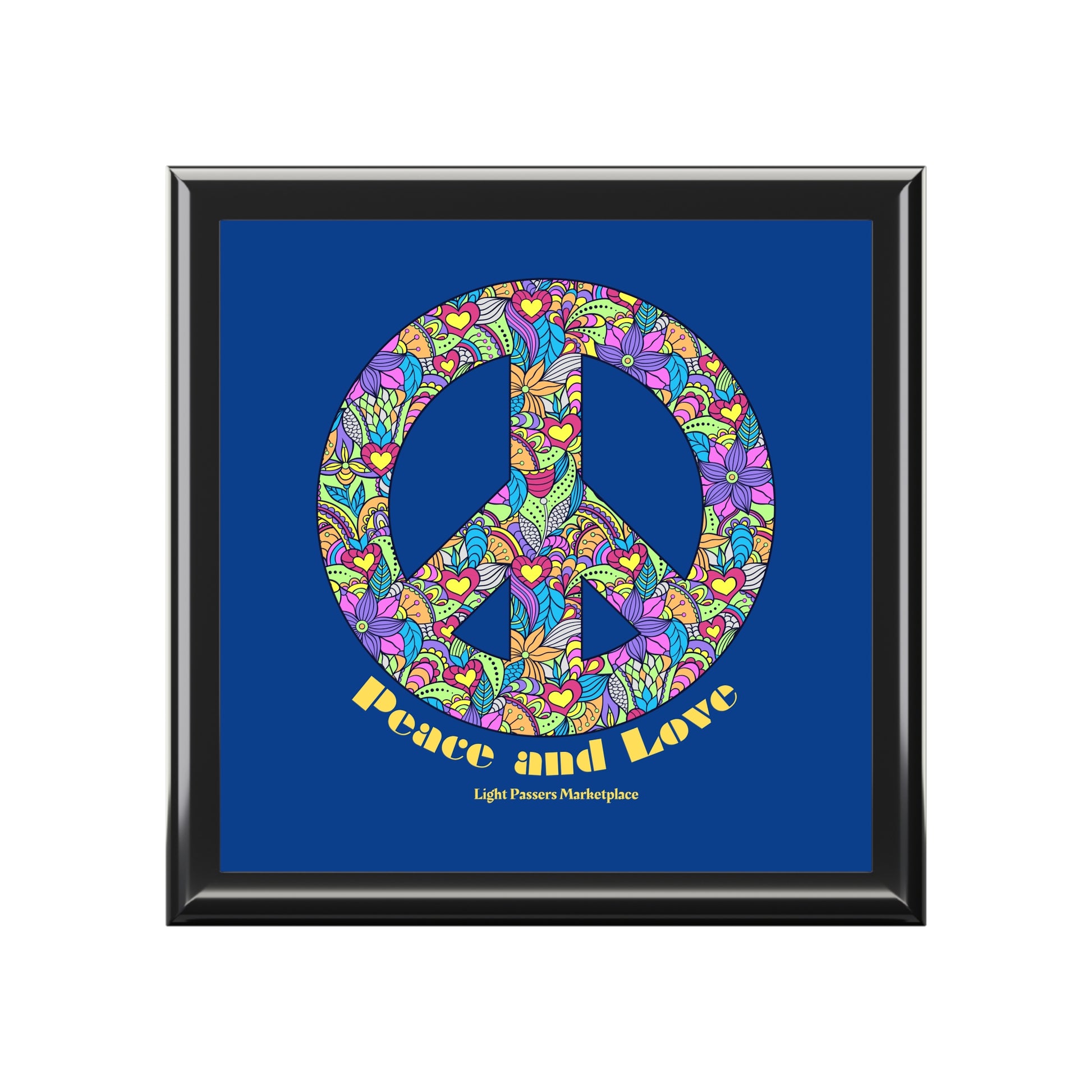 Flowered Peace Sign Wooden Jewelry Box with doodle-patterned peace sign on lid in black frame, showcasing Peace and Love text from Light Passers Marketplace.