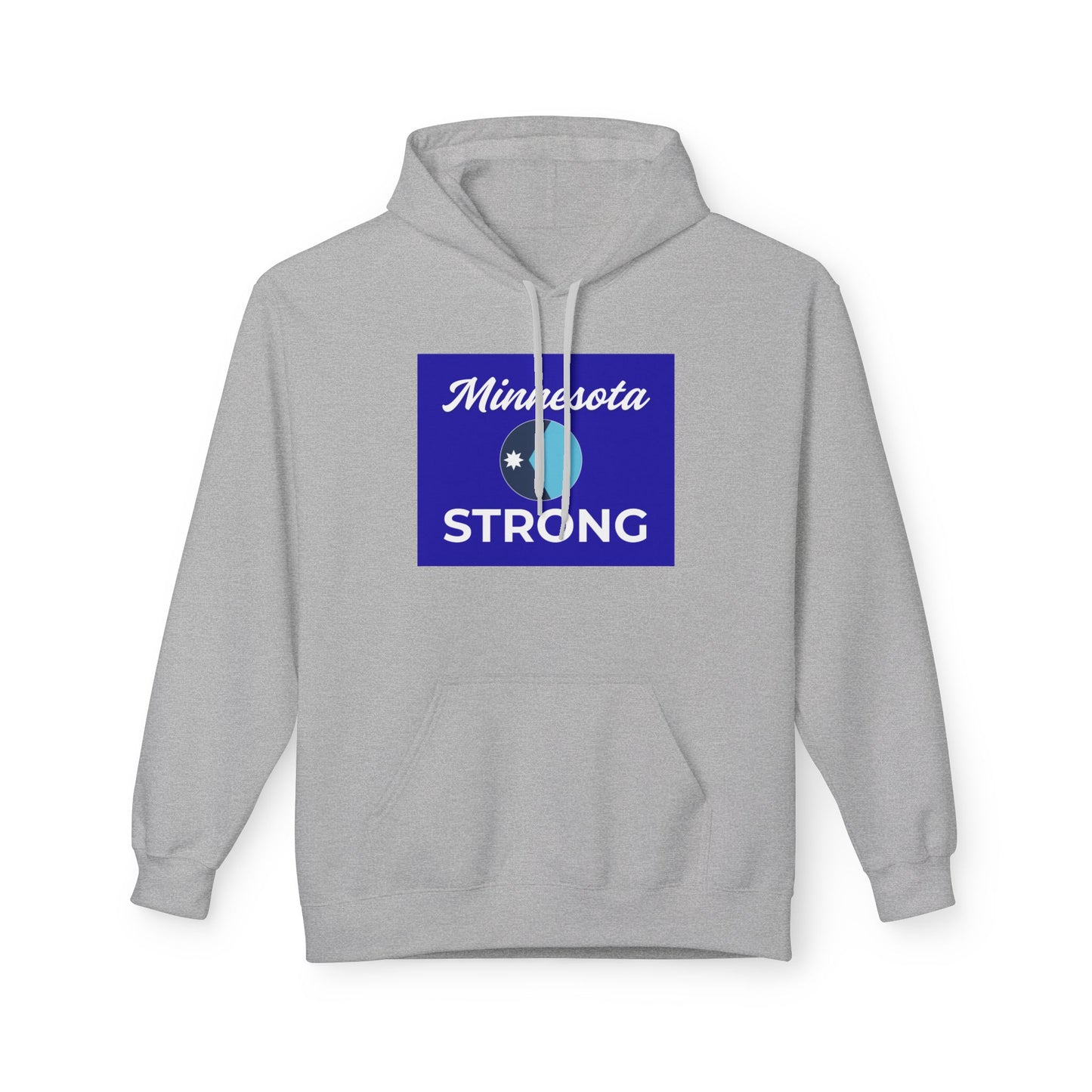 Light Minnesota Strong Hoodie featuring Minnesota STRONG graphic, kangaroo pocket, drawstrings, brushed interior for warmth; unisex fit, crafted with sustainable materials.