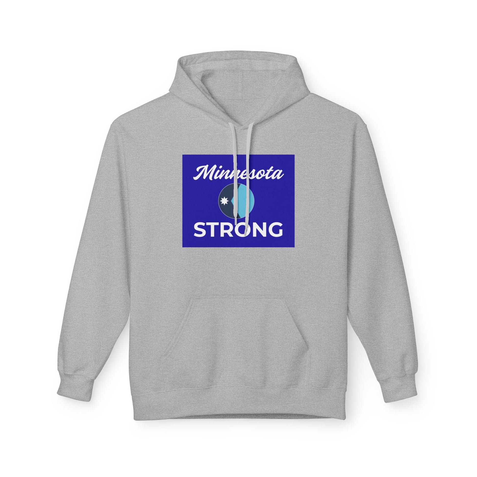 Light Minnesota Strong Hoodie featuring Minnesota STRONG graphic, kangaroo pocket, drawstrings, brushed interior for warmth; unisex fit, crafted with sustainable materials.