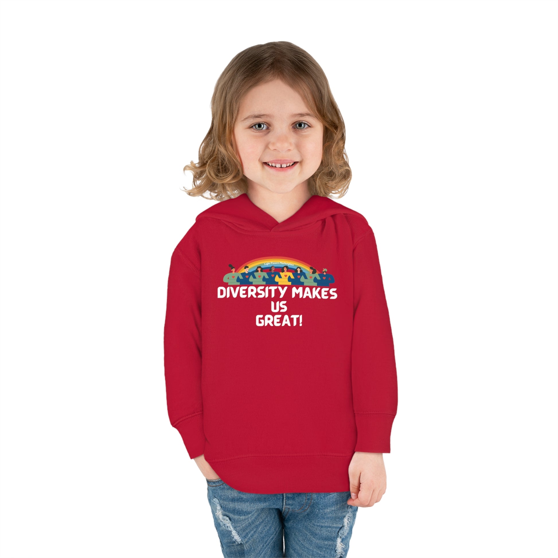 A smiling child in a red hoodie, showcasing a close-up of the hoodie's details like double-needle stitching and side-seam pockets for lasting comfort.