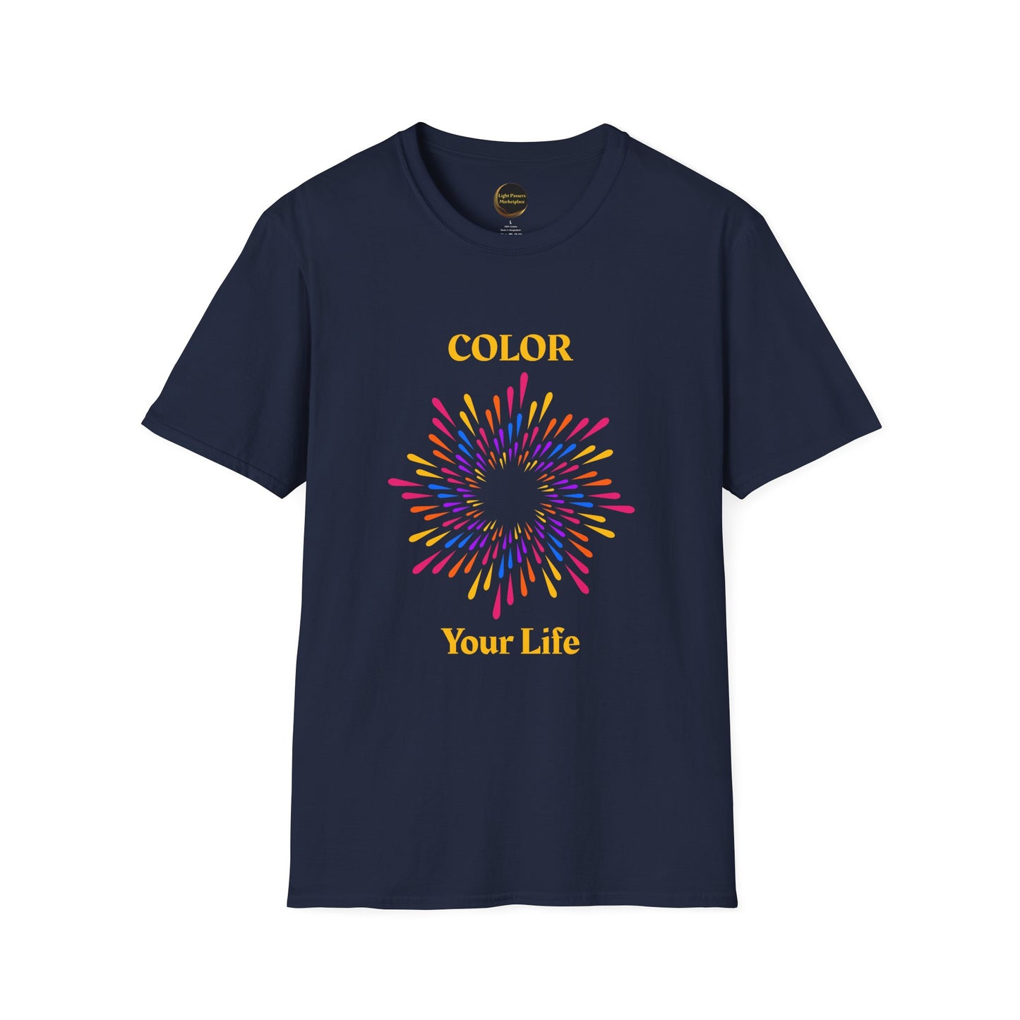 The Light- 'Color Your Life' Adult Unisex T-Shirt, showcasing a vibrant design, ideal for casual outings or Pride celebrations, featuring smooth, durable fabric and a classic fit.