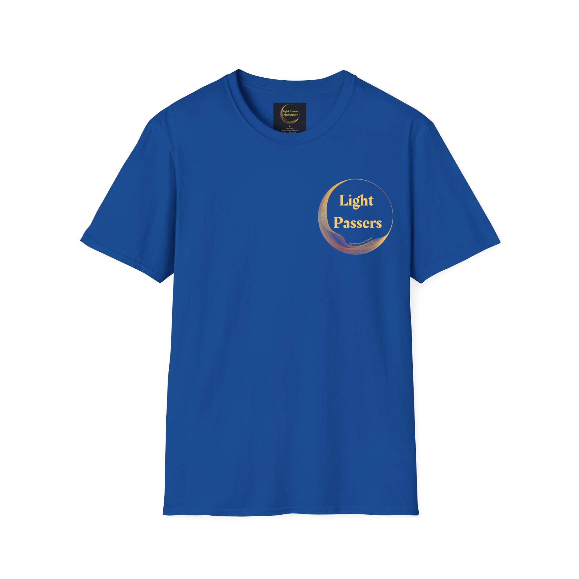 Unisex heavy cotton tee with a logo on the front, featuring a blue and yellow design. Smooth surface for vivid printing, no side seams, and tape on shoulders for durability.