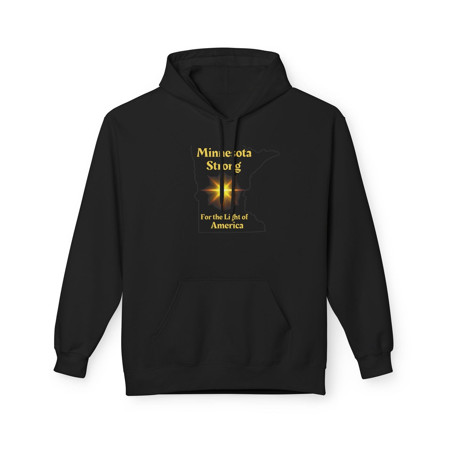 Black hoodie featuring “Minnesota Strong” text with Minnesota outline and glowing star, symbolizing community pride. Cozy design with kangaroo pocket, ideal for chilly days.