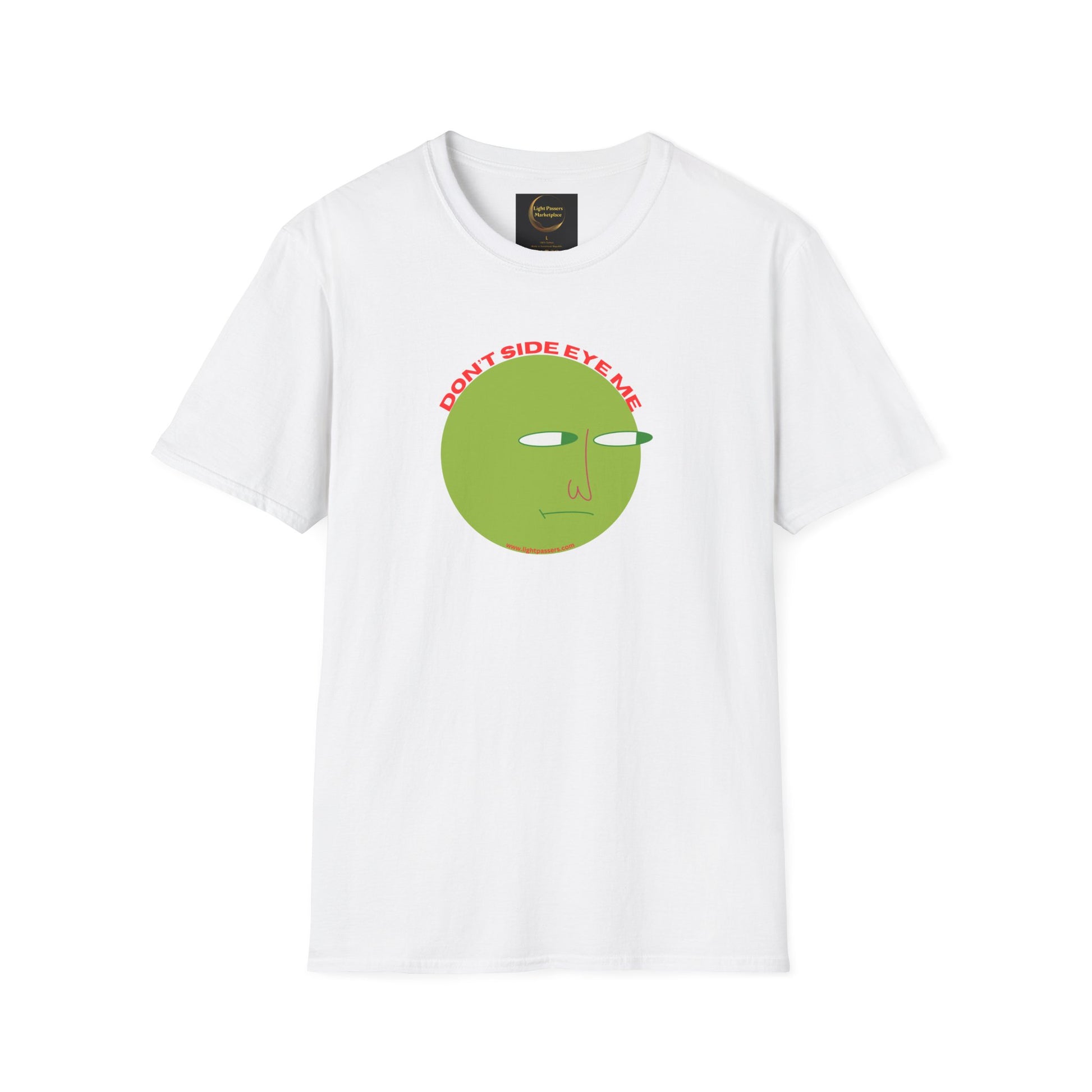 A white unisex t-shirt featuring a green face design, made from soft 100% ring-spun cotton. Ribbed collar, tear-away label, and ethical US cotton construction.