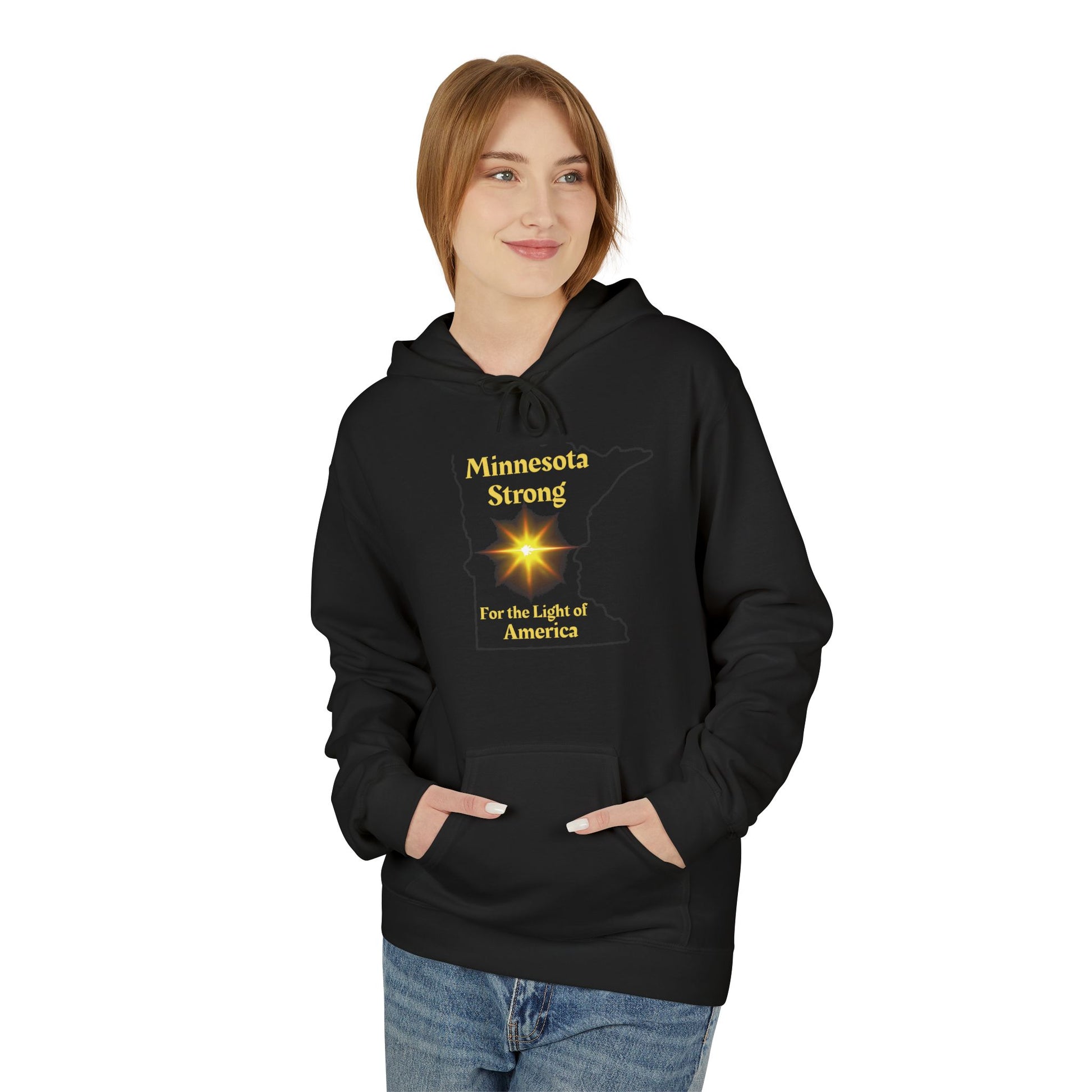 Unisex hoodie featuring Minnesota map with starburst, Minnesota Strong message; casual fit, front pocket, emphasizes warmth and community spirit.
