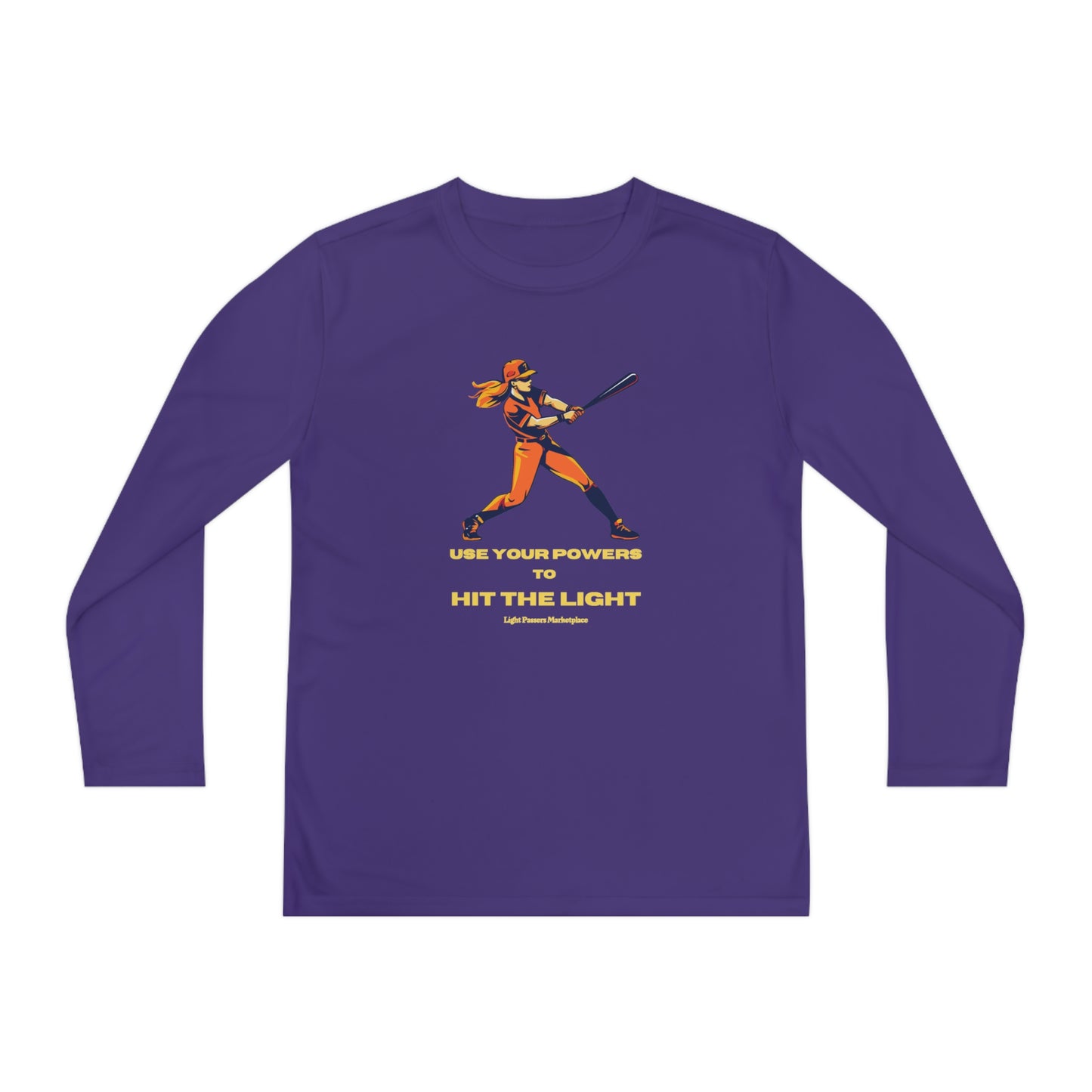 A purple long-sleeved youth tee featuring a baseball player swinging a bat. Made of 100% moisture-wicking polyester, lightweight, and breathable for active kids.