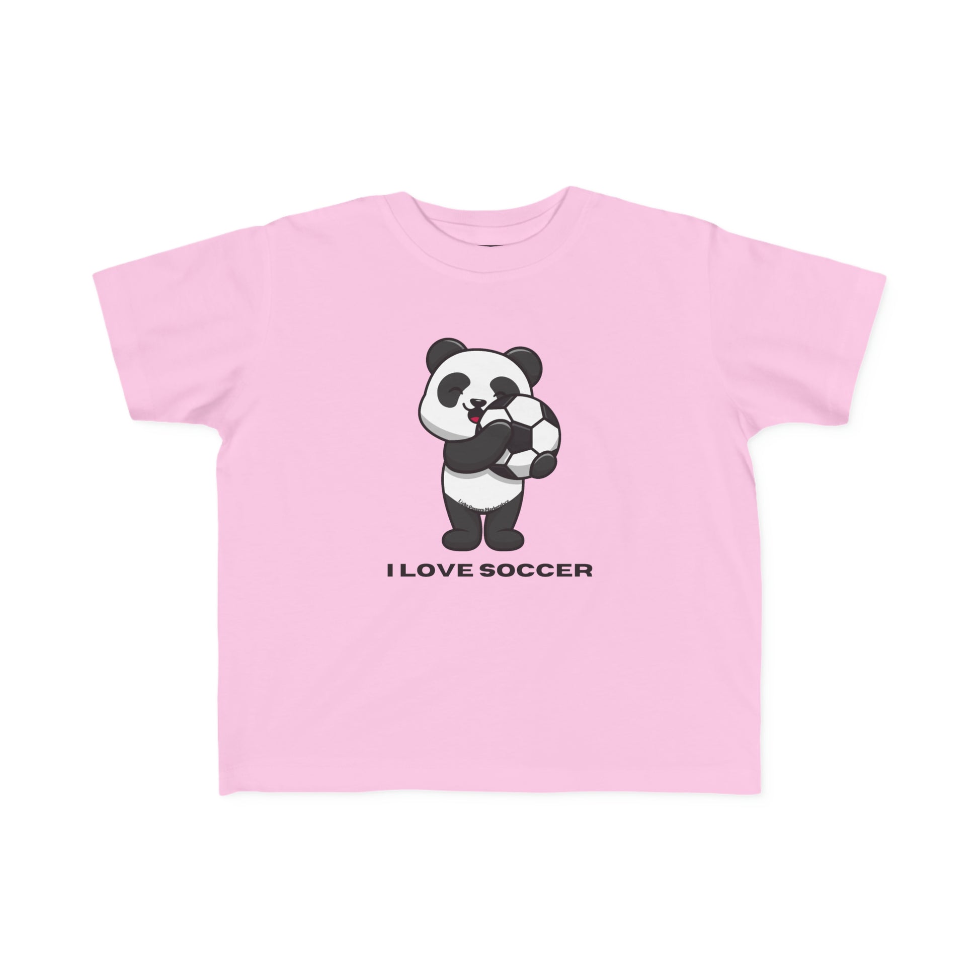 A pink toddler t-shirt featuring a cartoon panda holding a football ball. Made of soft, durable 100% combed cotton with a tear-away label. Ideal for little soccer fans.