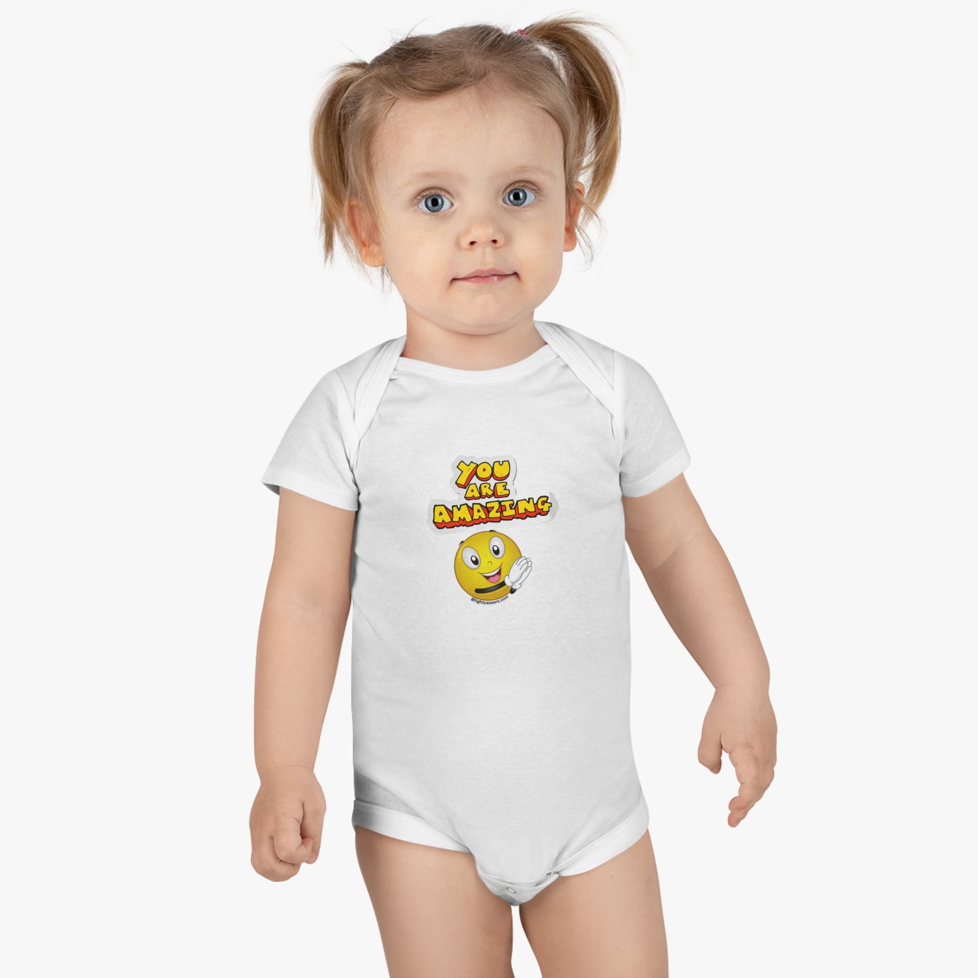 Organic cotton baby Onesie® featuring a baby in a white bodysuit, with a yellow cartoon character waving. Snap closure, ribbed legs for stability. You are Amazing Clapping Onesie.