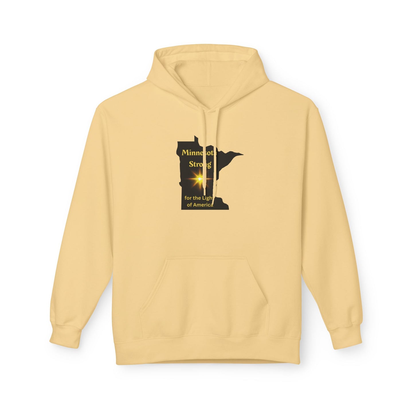 Pale-yellow unisex hoodie featuring Minnesota Strong map design with starburst, relaxed fit and kangaroo pocket, reflecting Light Passers Marketplace's inspirational ethos.
