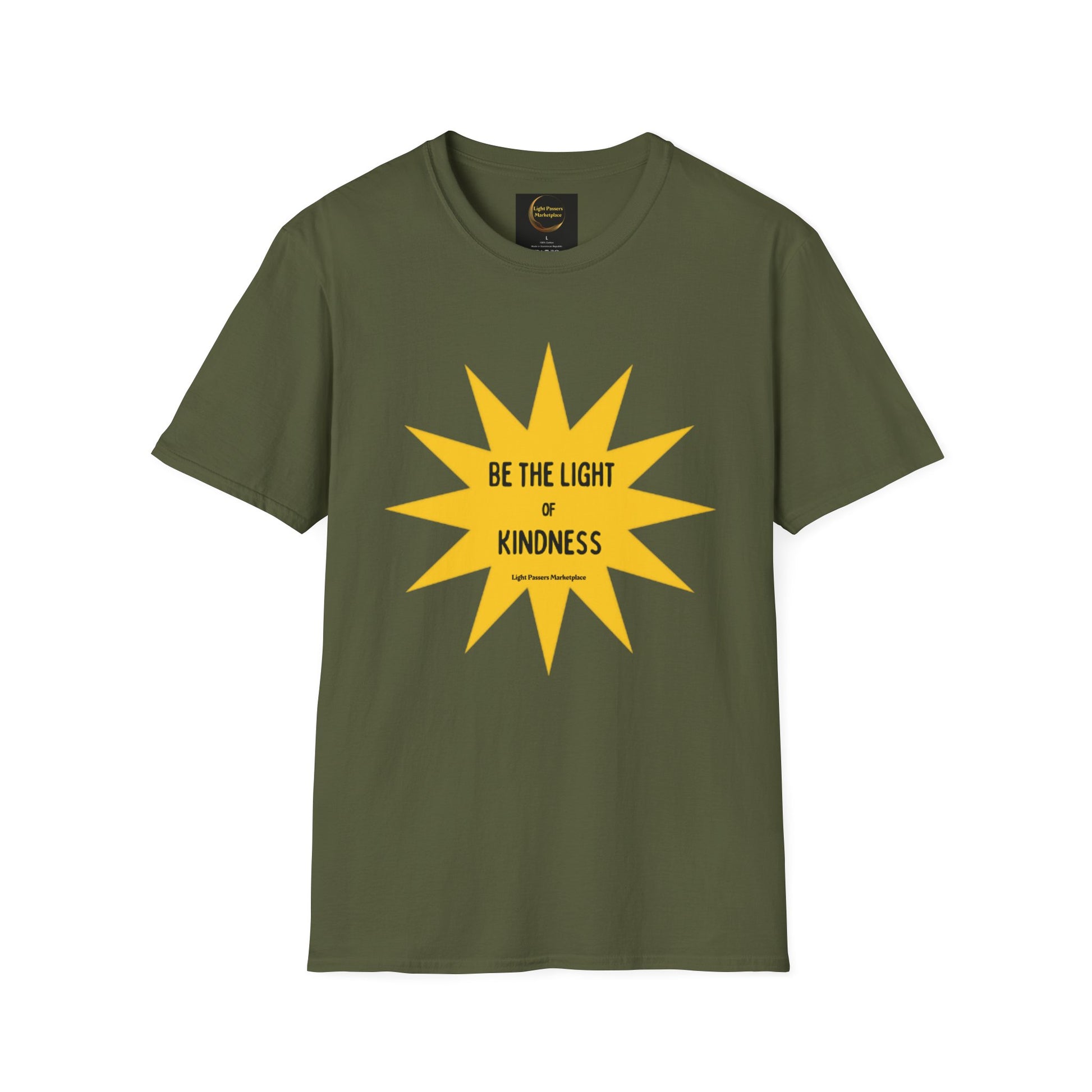 Unisex T-shirt featuring a yellow star and sun design on green fabric. 100% cotton, tear-away label, no side seams, medium fabric weight. Classic fit for casual comfort.