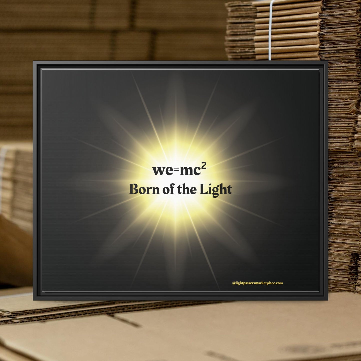 Inspirational Framed Canvas Art - we=mc² Born of the Light, showcasing a black frame with a yellow light, perfect for uplifting spaces with positivity.