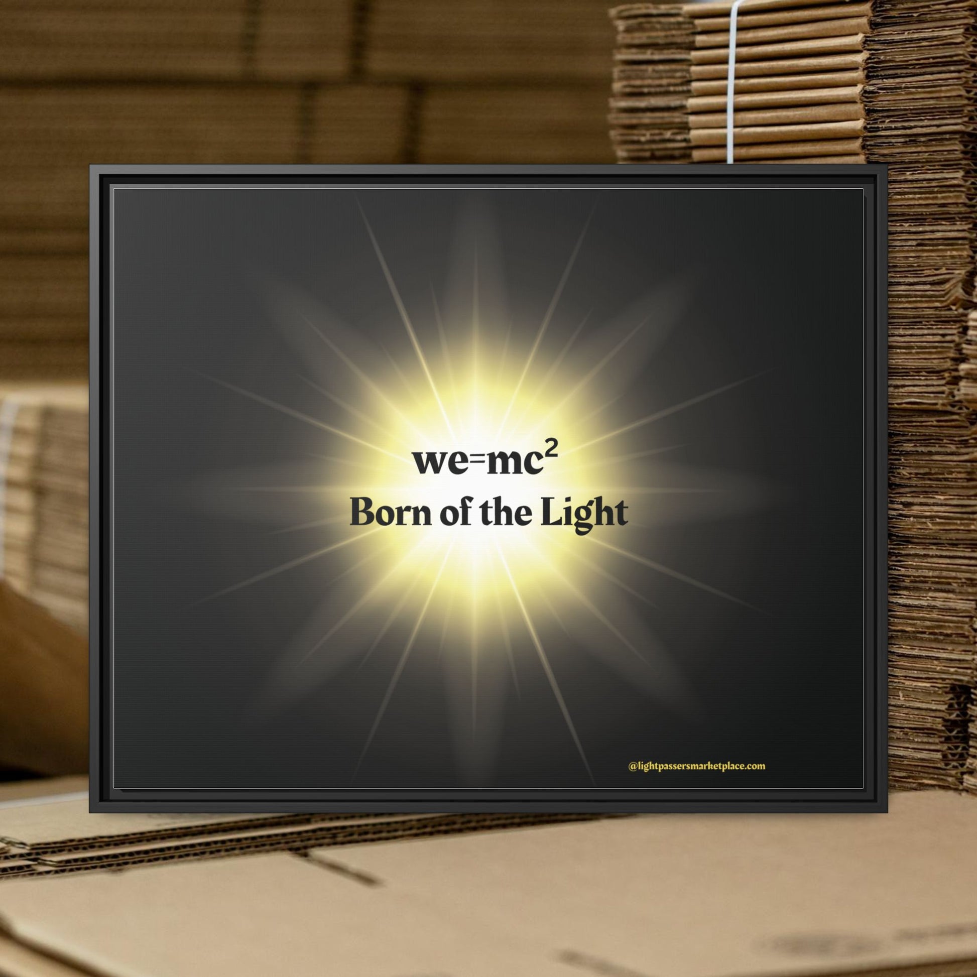 Inspirational Framed Canvas Art - we=mc² Born of the Light, showcasing a black frame with a yellow light, perfect for uplifting spaces with positivity.