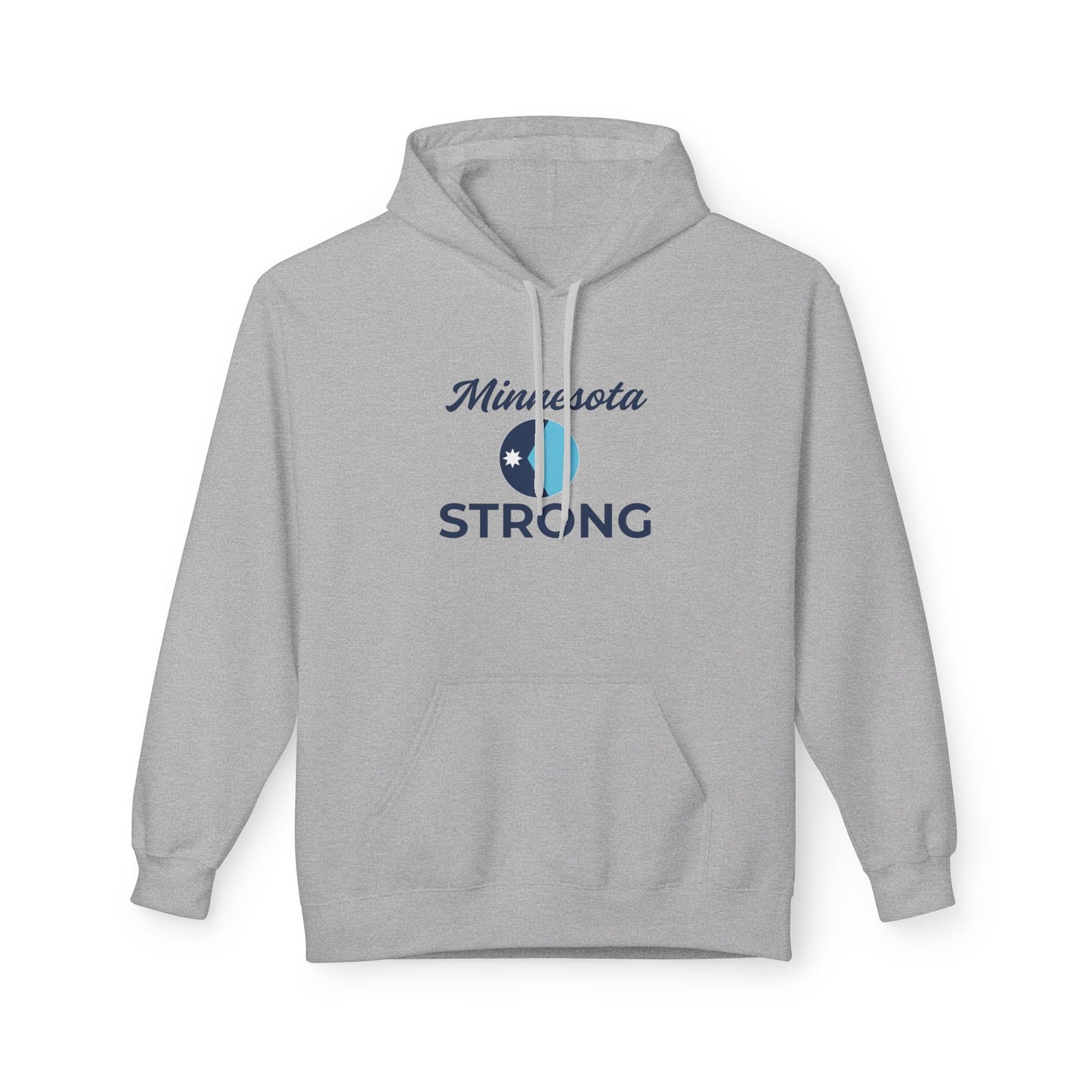 Light-gray hoodie featuring Minnesota and STRONG with circular emblem. Relaxed fit, kangaroo pocket, and drawstring hood. Perfect for cozy, community-focused wear.
