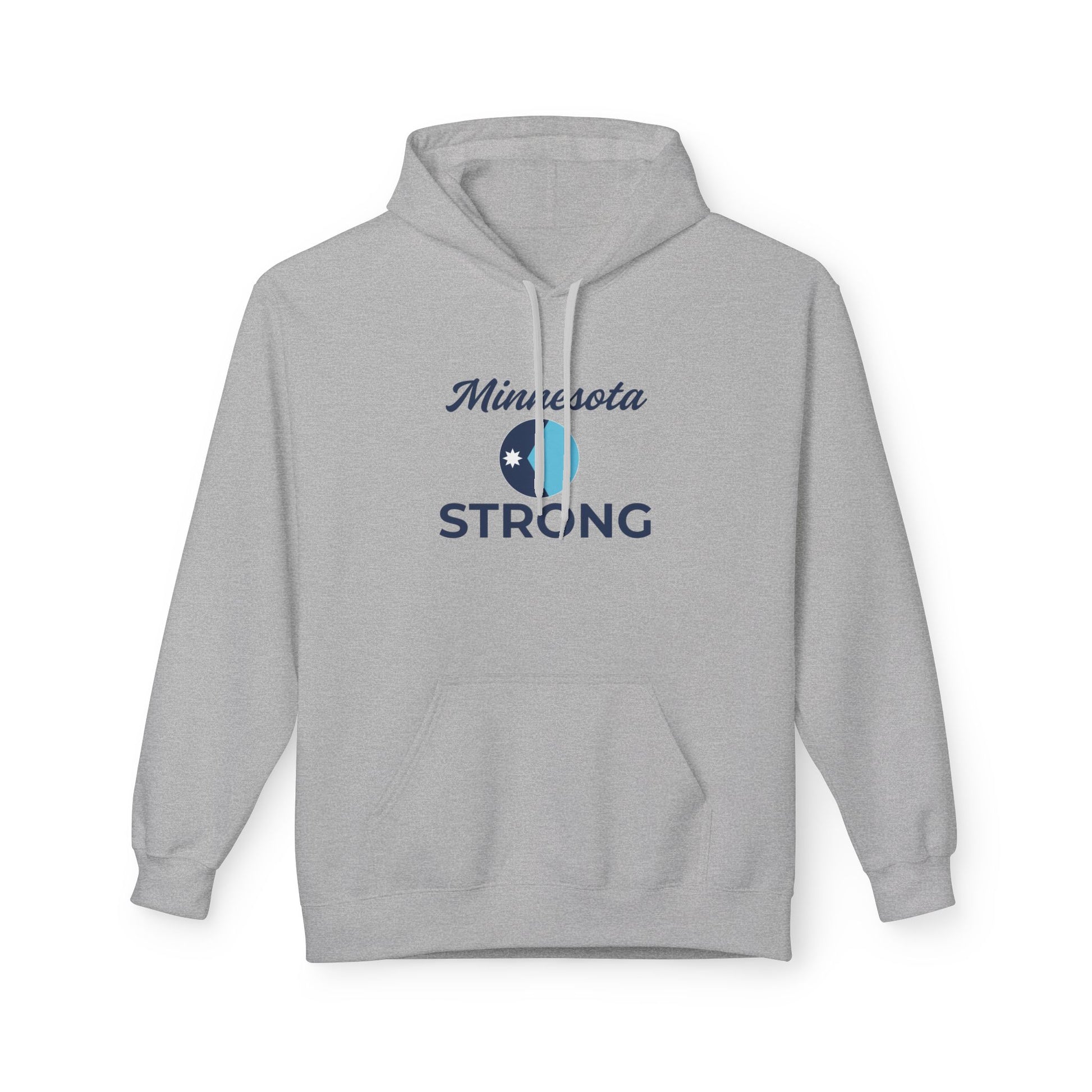 Light-gray hoodie featuring Minnesota and STRONG with circular emblem. Relaxed fit, kangaroo pocket, and drawstring hood. Perfect for cozy, community-focused wear.