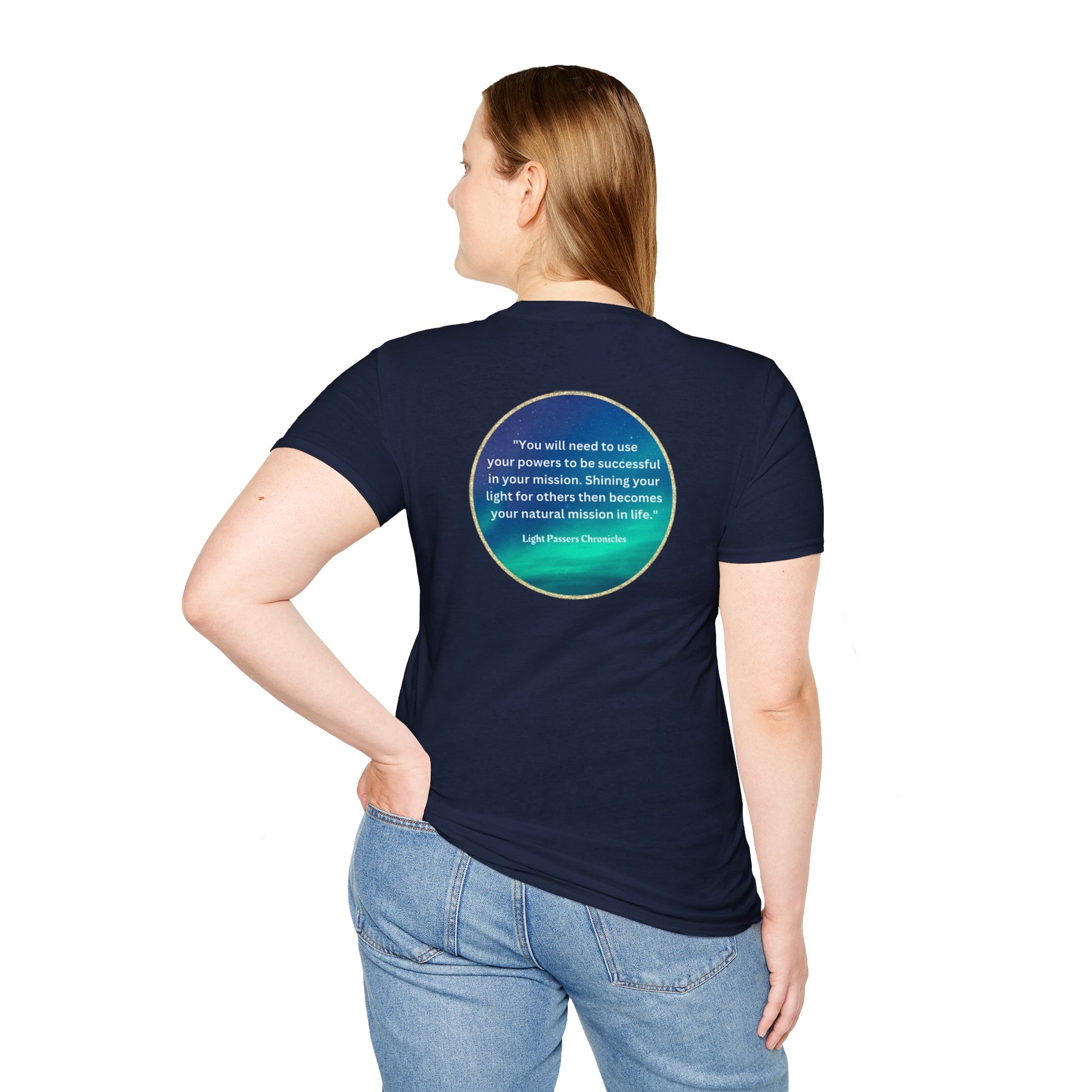 Unisex heavy cotton tee with smooth surface for premium printing. No side seams for comfort. Use Your Powers turquoise circle design on back.