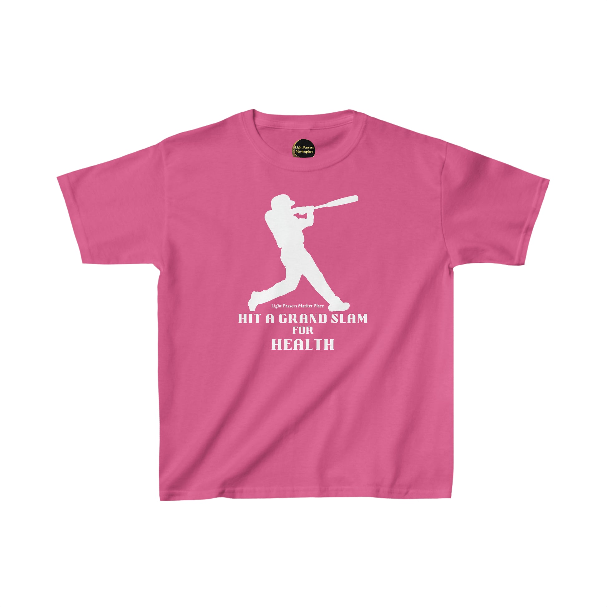 A pink youth t-shirt featuring a baseball player design. Made of 100% cotton with twill tape shoulders for durability and a curl-resistant collar. Ethically sourced US cotton.