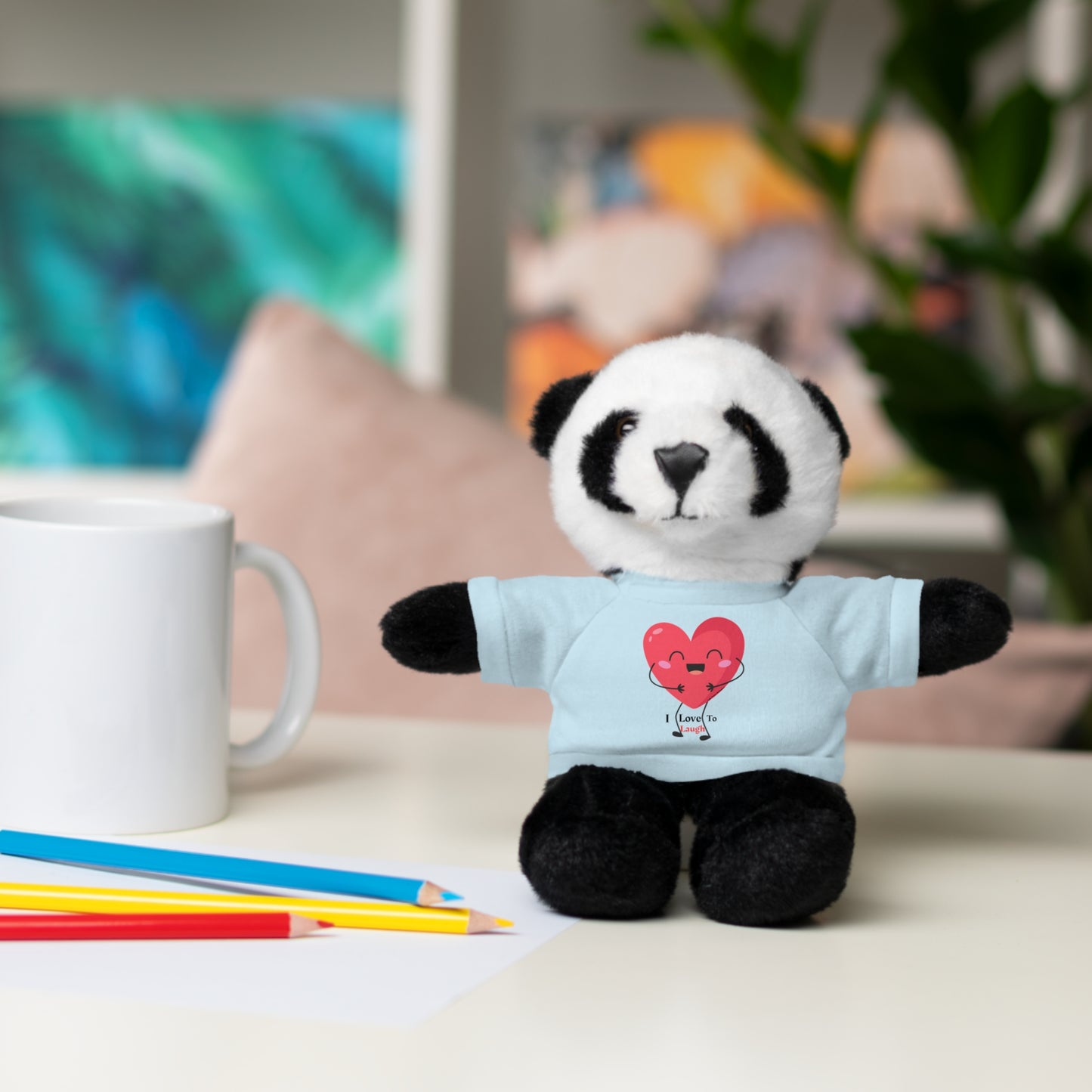 Stuffed animal with a customizable I Love to Laugh shirt, part of Cool Stuff Stuffies. Choose from Bear, Sheep, Bunny, Jaguar, Panda, or Lion.