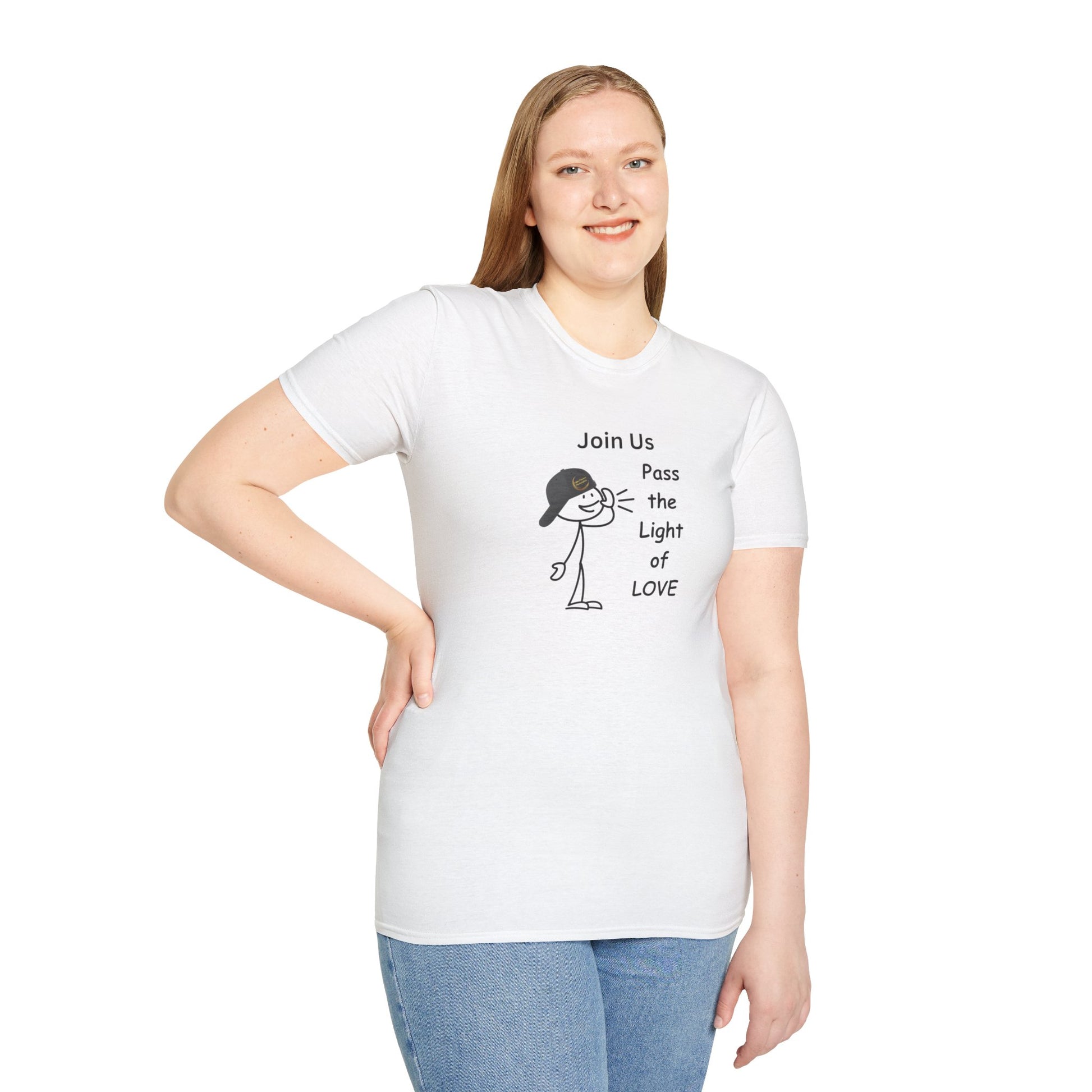 A woman in a white shirt poses, showcasing the Join Us Pass the Light of Love Unisex T-shirt. Close-up of blue jeans and cartoon character with a hat. Casual tee for premium printing.