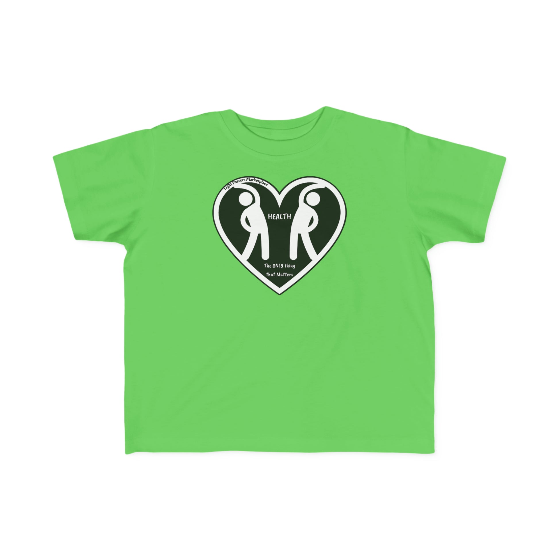 A green toddler T-shirt featuring a heart and two people design. Made of 100% combed cotton, soft for sensitive skin, with a durable print. Classic fit, tear-away label, and true to size.