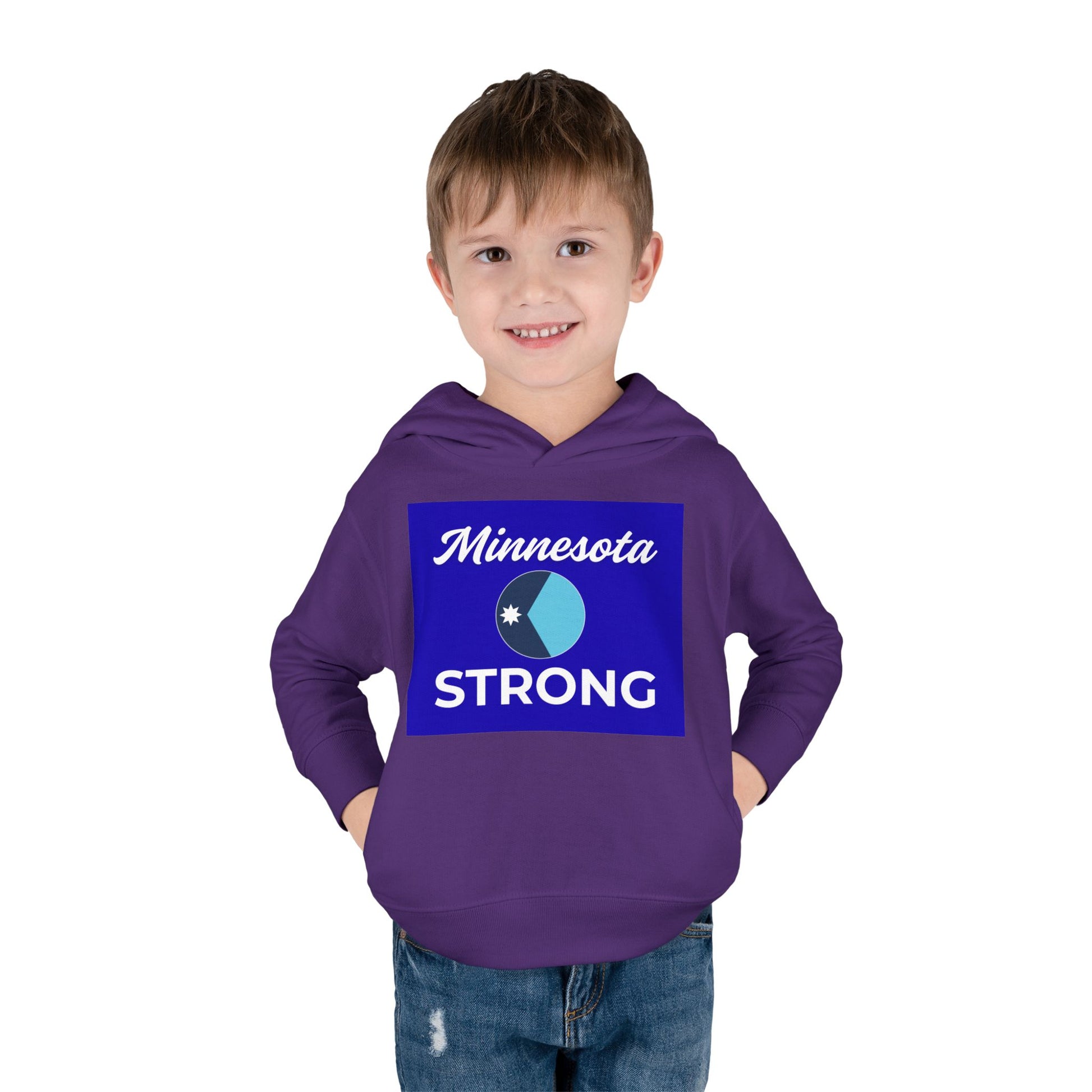 Toddler in Minnesota Strong blue state pride pullover, showcasing cozy warmth and durability, embodies Light Passers Marketplace's inspirational style.
