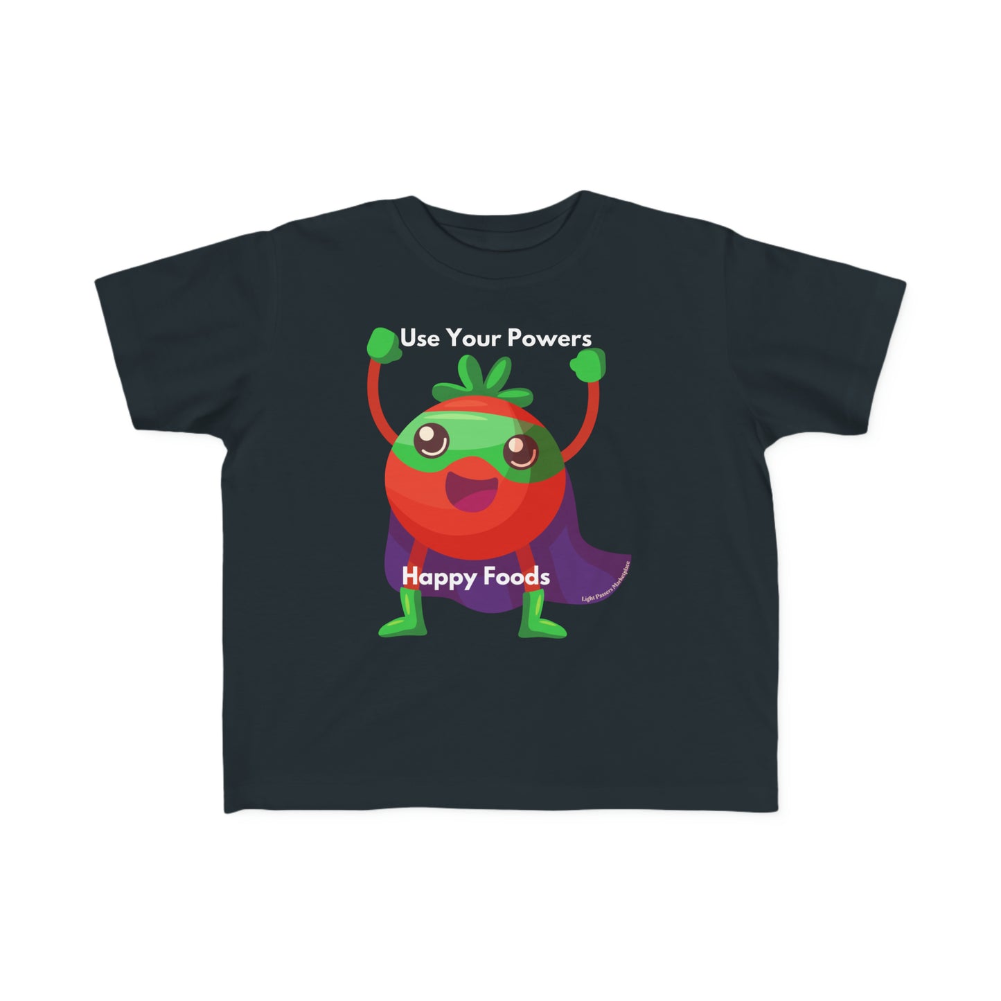 A toddler's tee featuring a cartoon character, Tomato Power. Made of soft, durable 100% combed cotton, light fabric, and a tear-away label. Ideal for sensitive skin and playtime adventures.