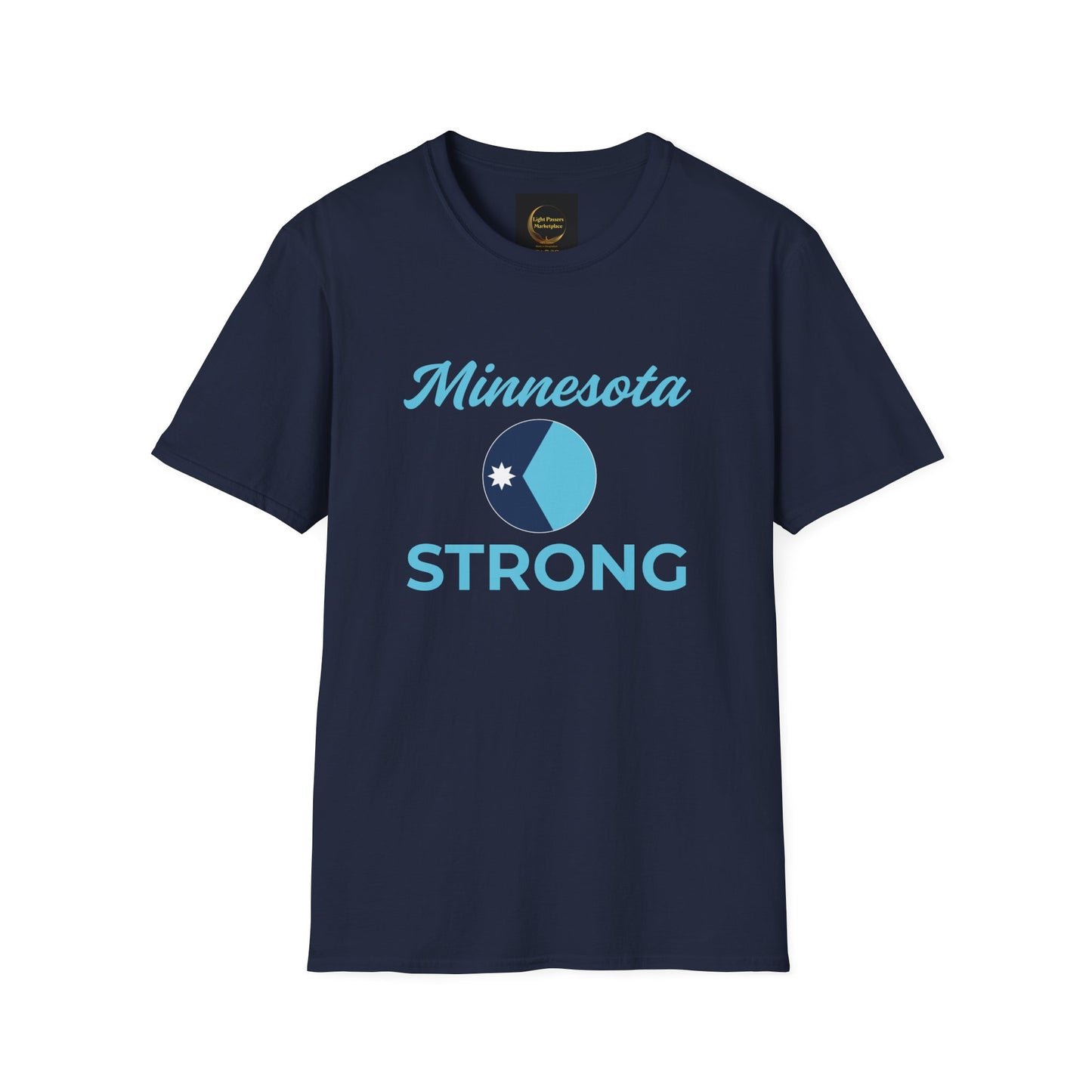 Navy-blue T-shirt with Minnesota Strong on front, featuring a circular two-tone graphic and script, representing commitment to American democracy.