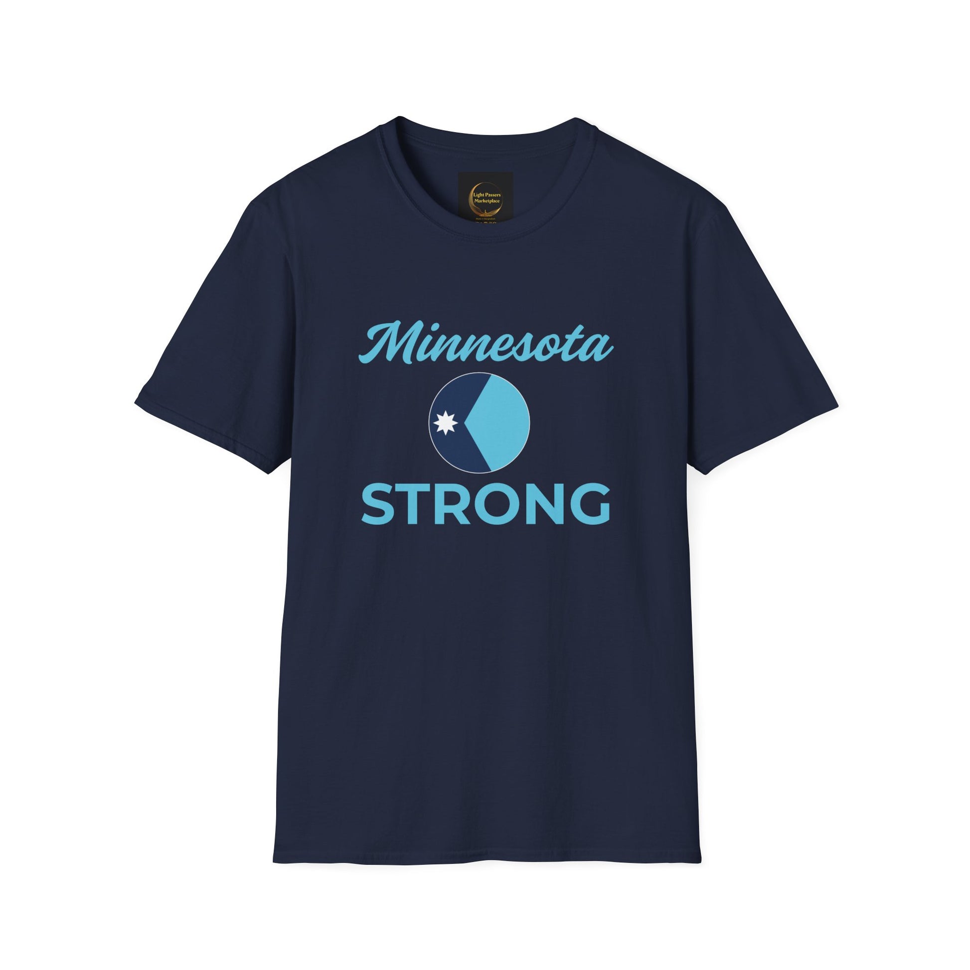 Navy-blue T-shirt with Minnesota Strong on front, featuring a circular two-tone graphic and script, representing commitment to American democracy.