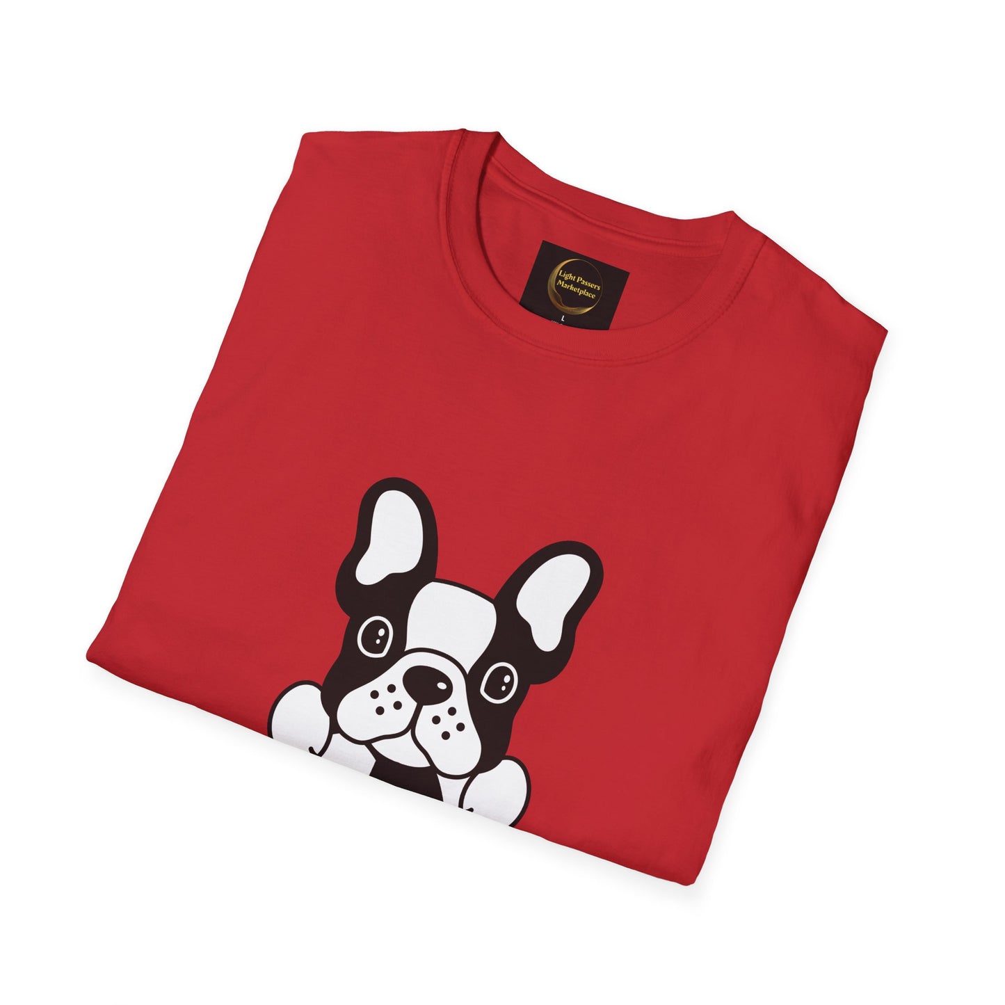 Soccer Dog Unisex T-Shirt featuring a cartoon French bulldog design, folded on a flat surface, showcasing its comfortable, soft 100% cotton fabric and classic fit.