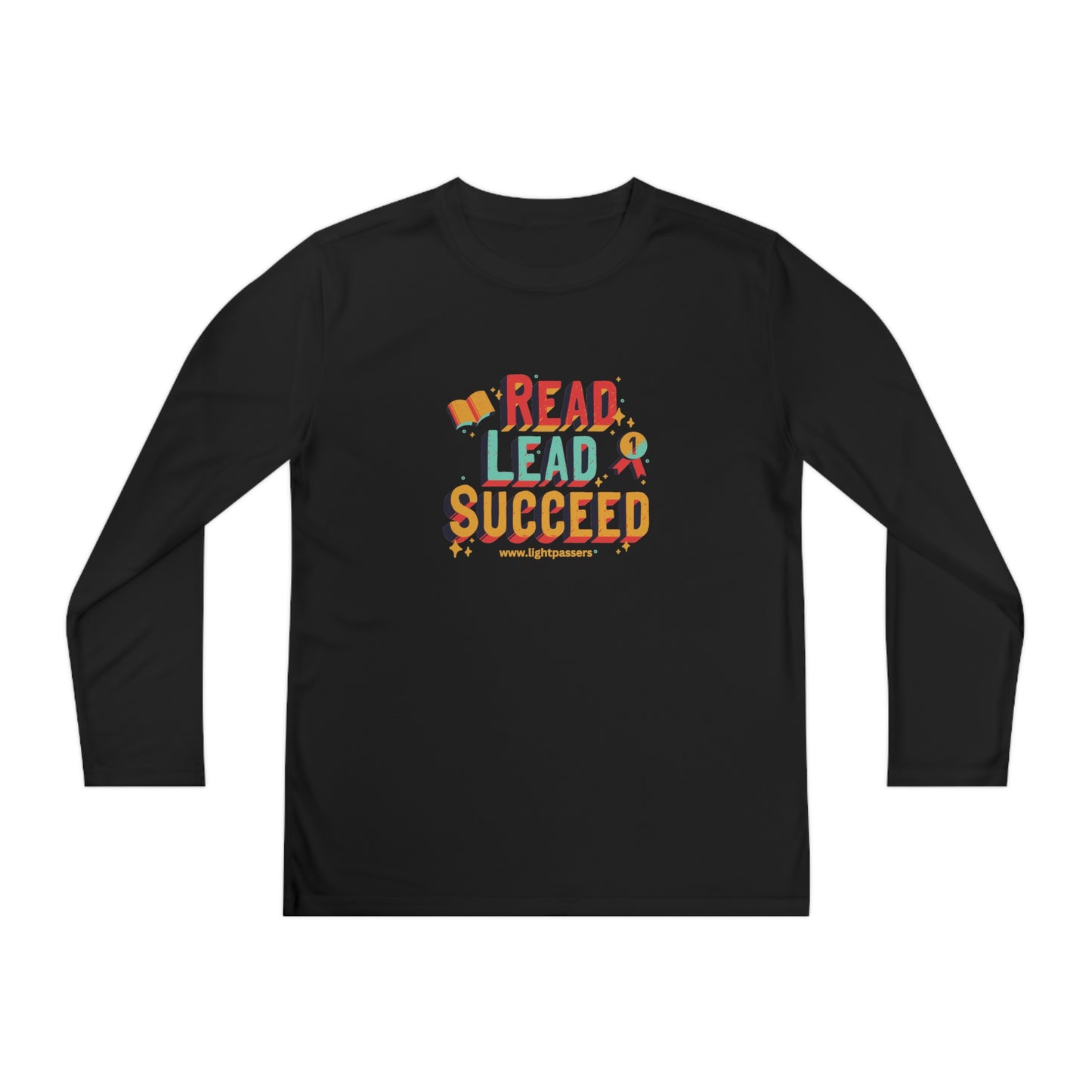 Long Sleeve Read Lead and Succeed Youth shirt with colorful text, designed for active kids, featuring moisture-wicking material and an athletic fit.