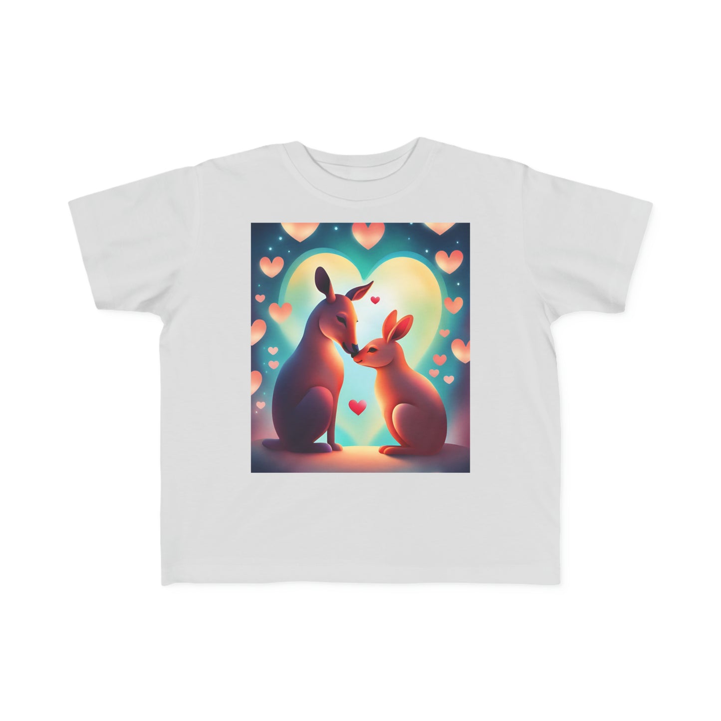 A white toddler's t-shirt featuring two kangaroos surrounded by hearts, embodying love and tenderness. Made of soft, 100% combed cotton with a durable print, ideal for delicate skin.