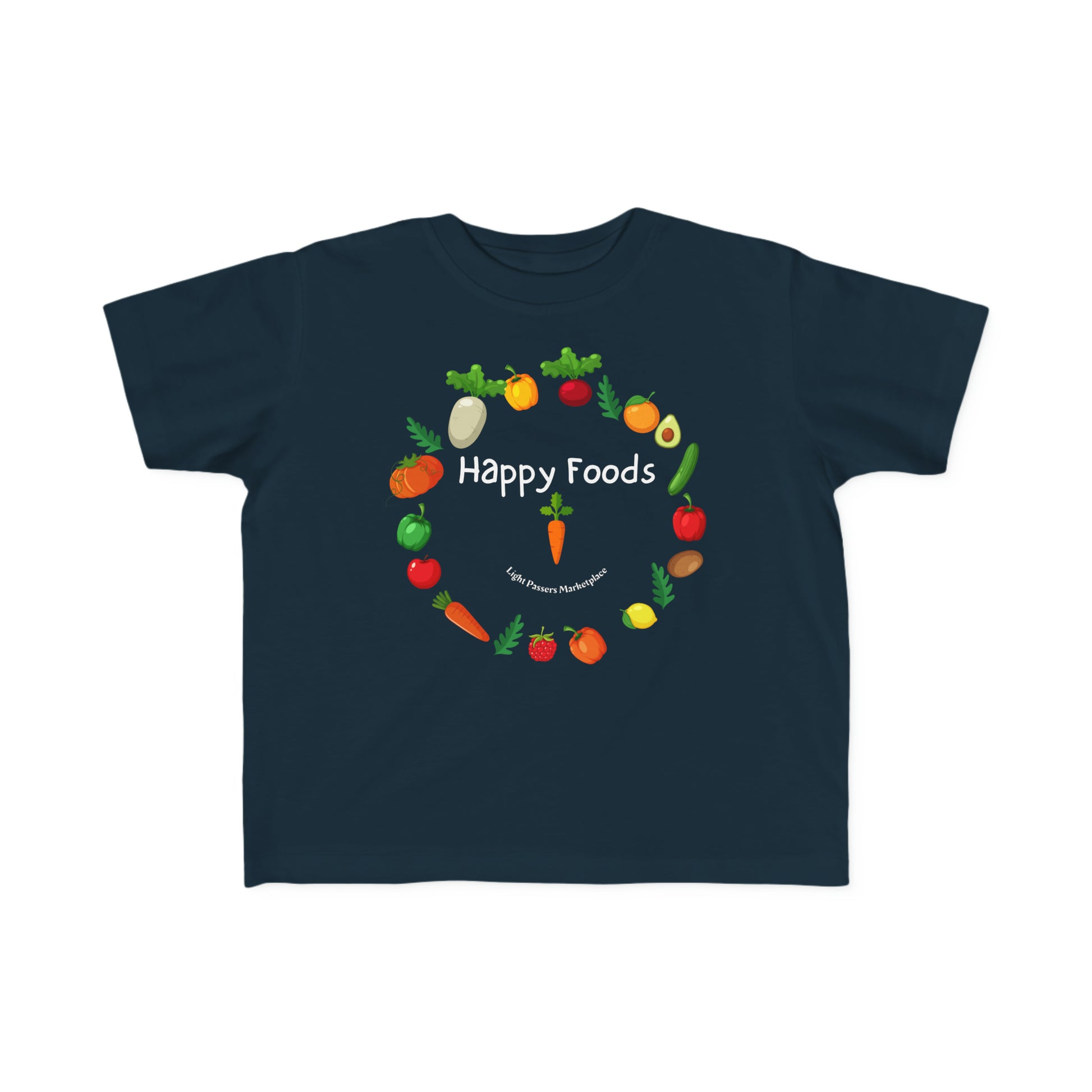 A toddler's Happy Foods Ring T-shirt with a smiley face of vegetables, perfect for sensitive skin. 100% combed cotton, light fabric, tear-away label, classic fit.