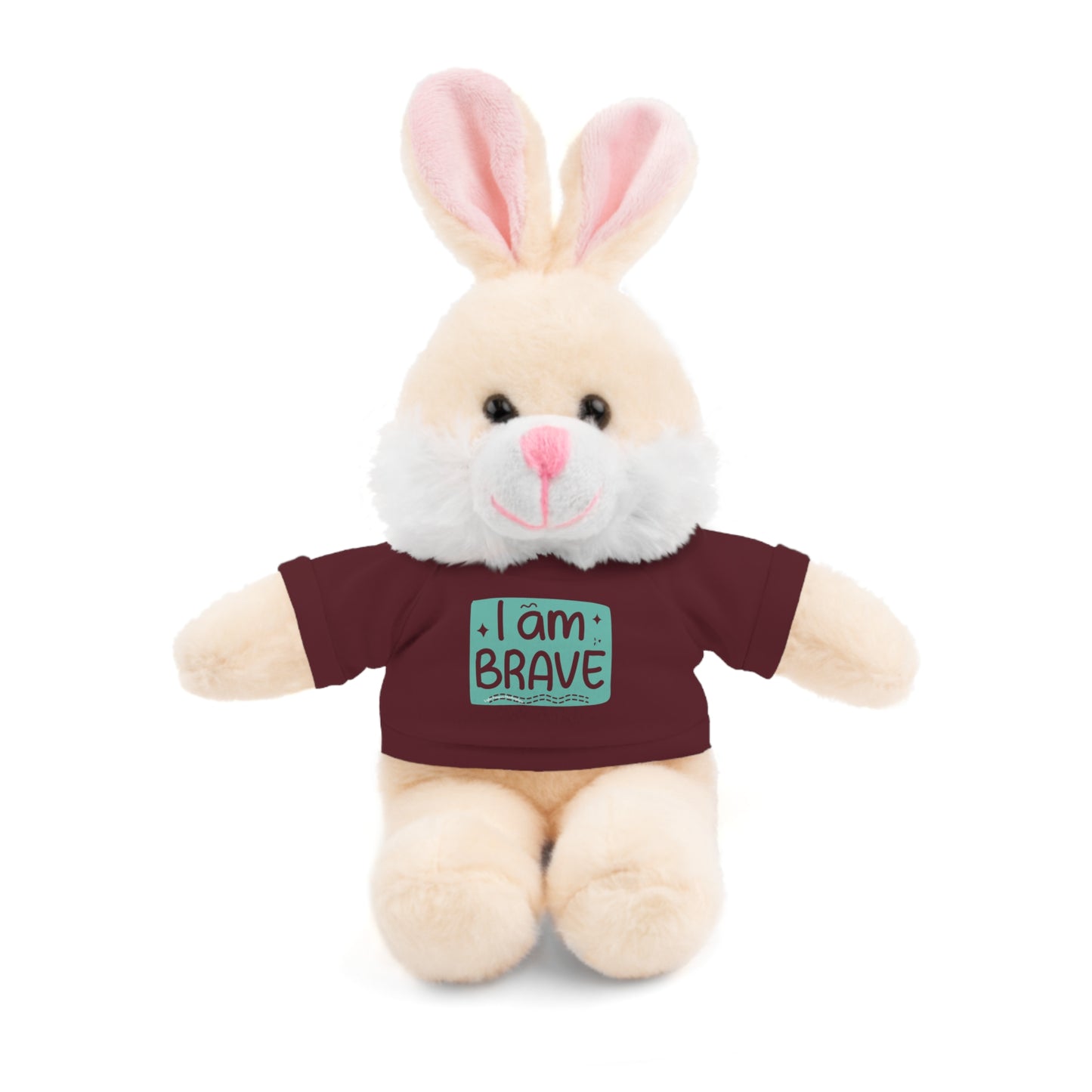 Stuffed bunny in a removable I am Brave Tee, part of Cool Stuff Stuffies collection. Ideal for cuddles or decor, customizable t-shirt.