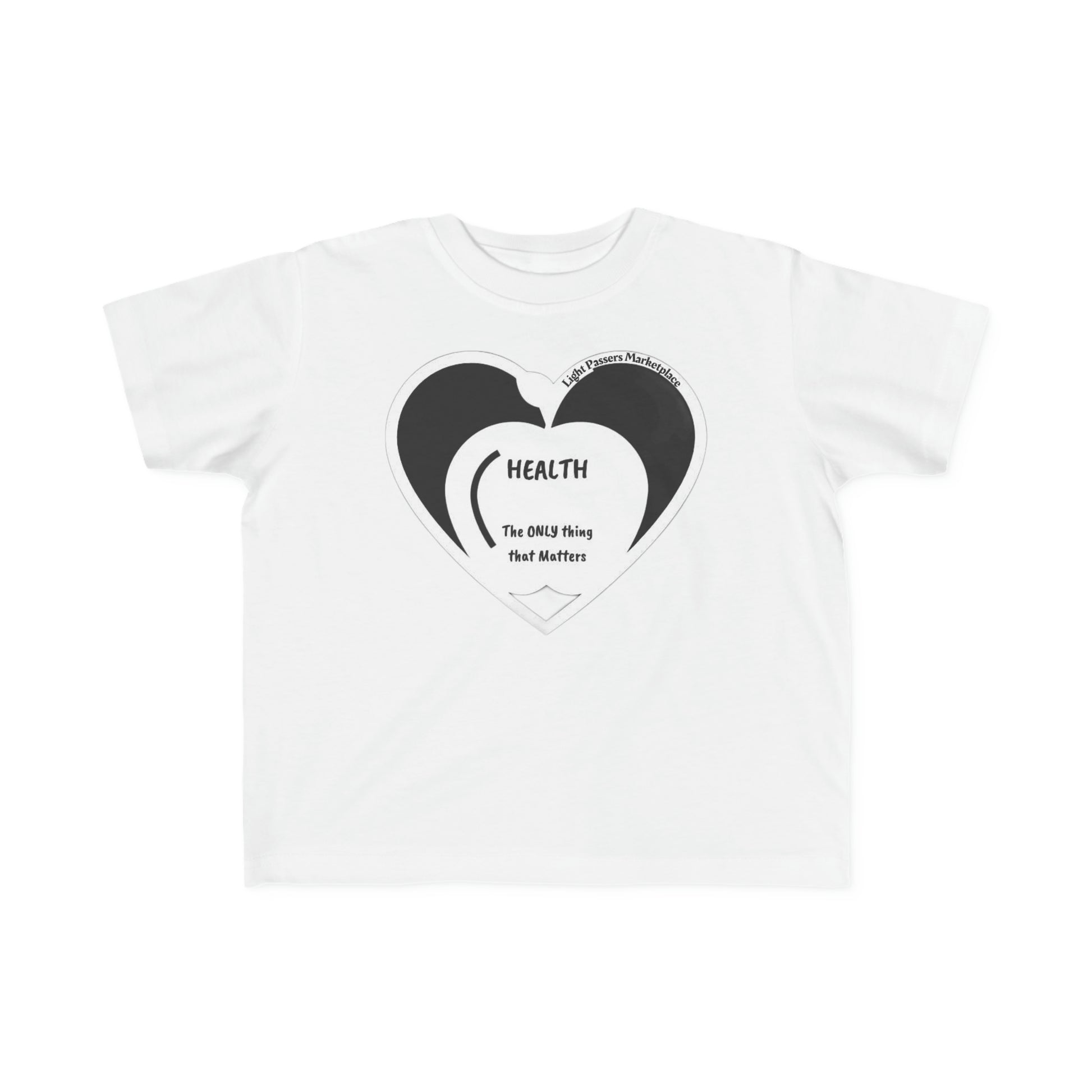 A white toddler t-shirt featuring a heart design and text, made of soft 100% combed cotton. Durable print, light fabric, tear-away label, classic fit, true to size.