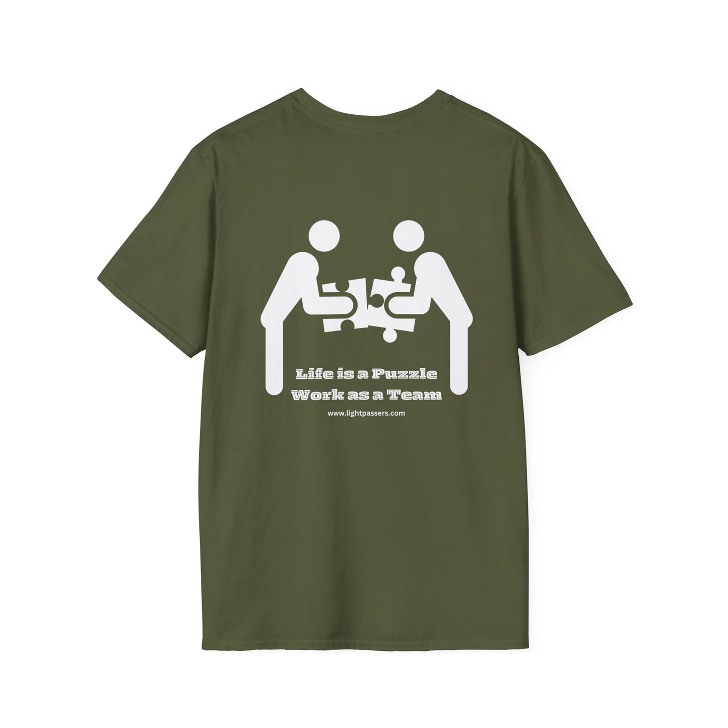 Unisex heavy cotton tee with a white puzzle graphic on a green shirt. Smooth surface for vivid printing, no side seams, tape on shoulders for durability.