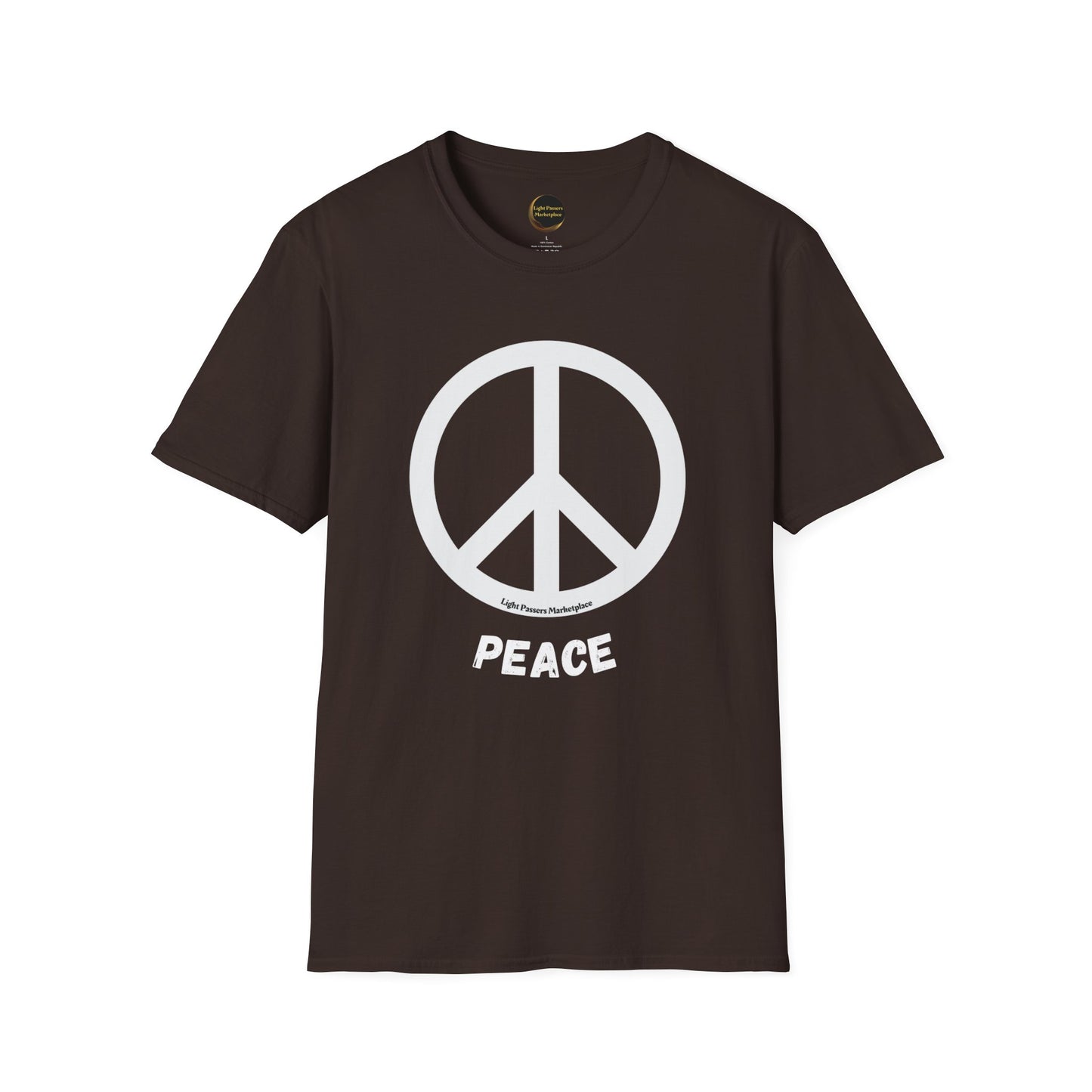 A soft unisex t-shirt featuring a peace sign logo on a brown background. Made of 100% cotton with twill tape shoulders for durability and a ribbed collar. Ethically sourced and Oeko-Tex certified.