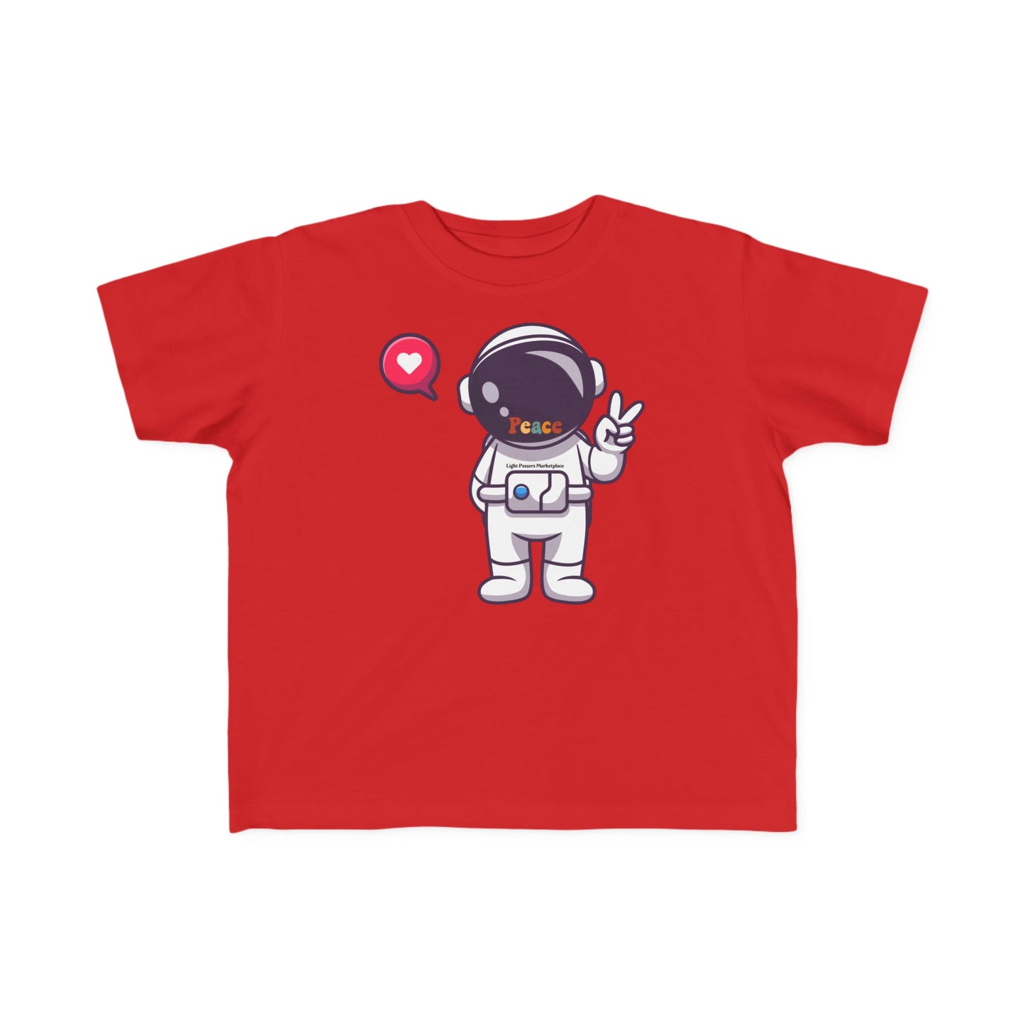 Peace Astronaut Toddler T-shirt featuring a cute astronaut with a peace sign and heart speech bubble, crafted for comfort with soft, durable cotton.