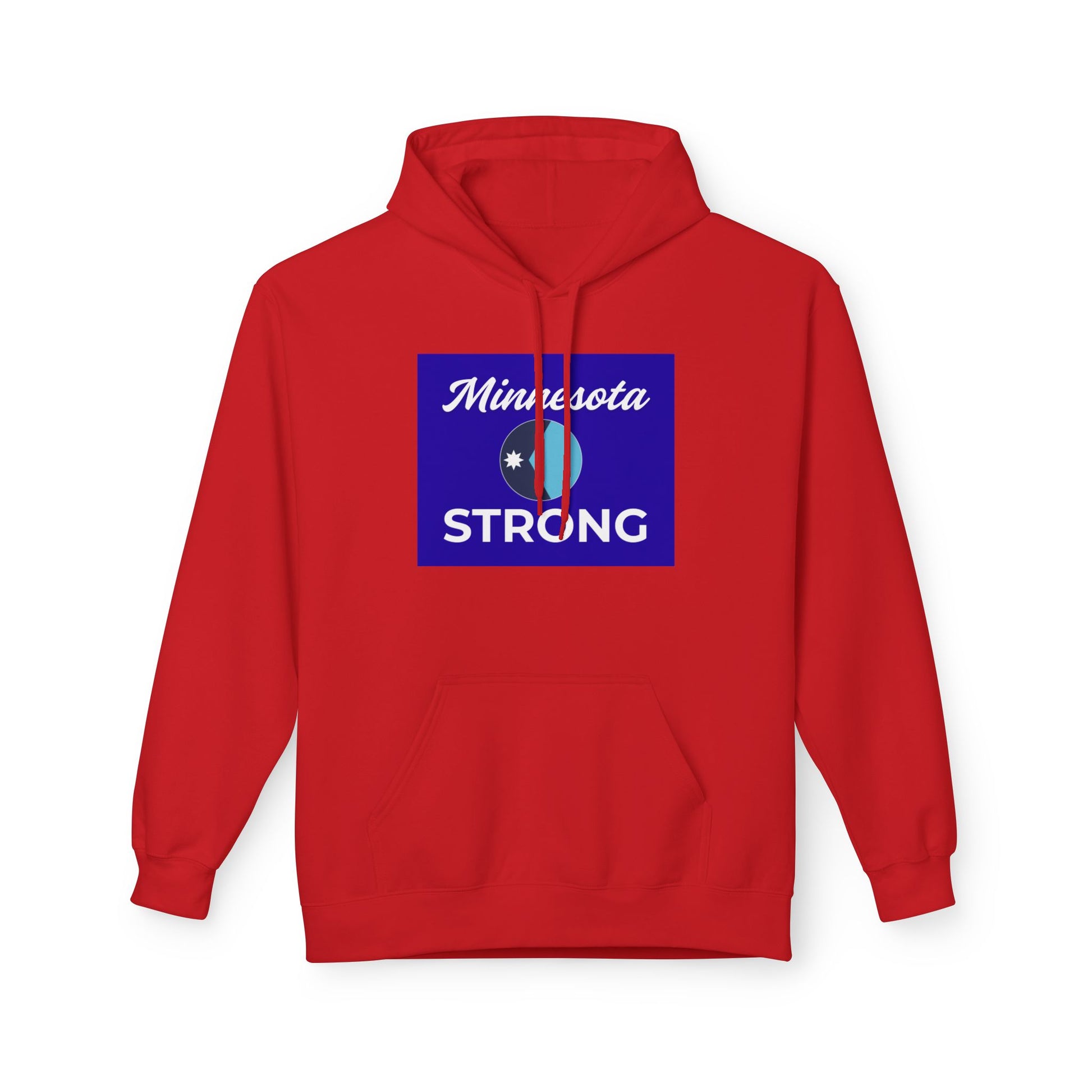 Love and Peace The Light Minnesota Strong Hoodie features a blue Minnesota graphic and emblem on a red pullover with a kangaroo pocket and lined hood.