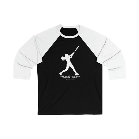 Unisex 3/4 sleeve baseball tee featuring a black and white design with a baseball bat and a woman swinging a bat. Ribbed collar, airy fabric, and durable seams for a modern fit.