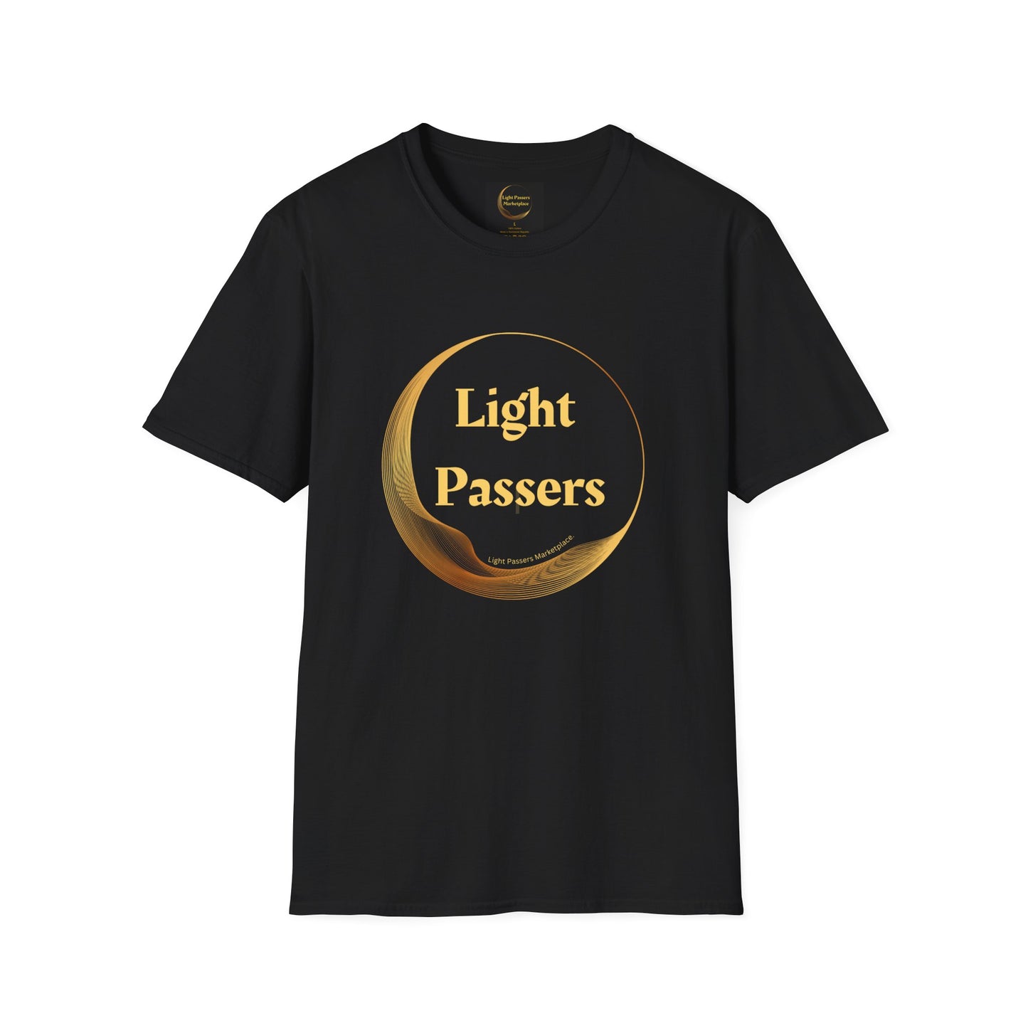 A black t-shirt featuring a gold logo design, crafted from 100% cotton for a classic fit. No side seams for added comfort. Ideal for casual fashion with personalized style.