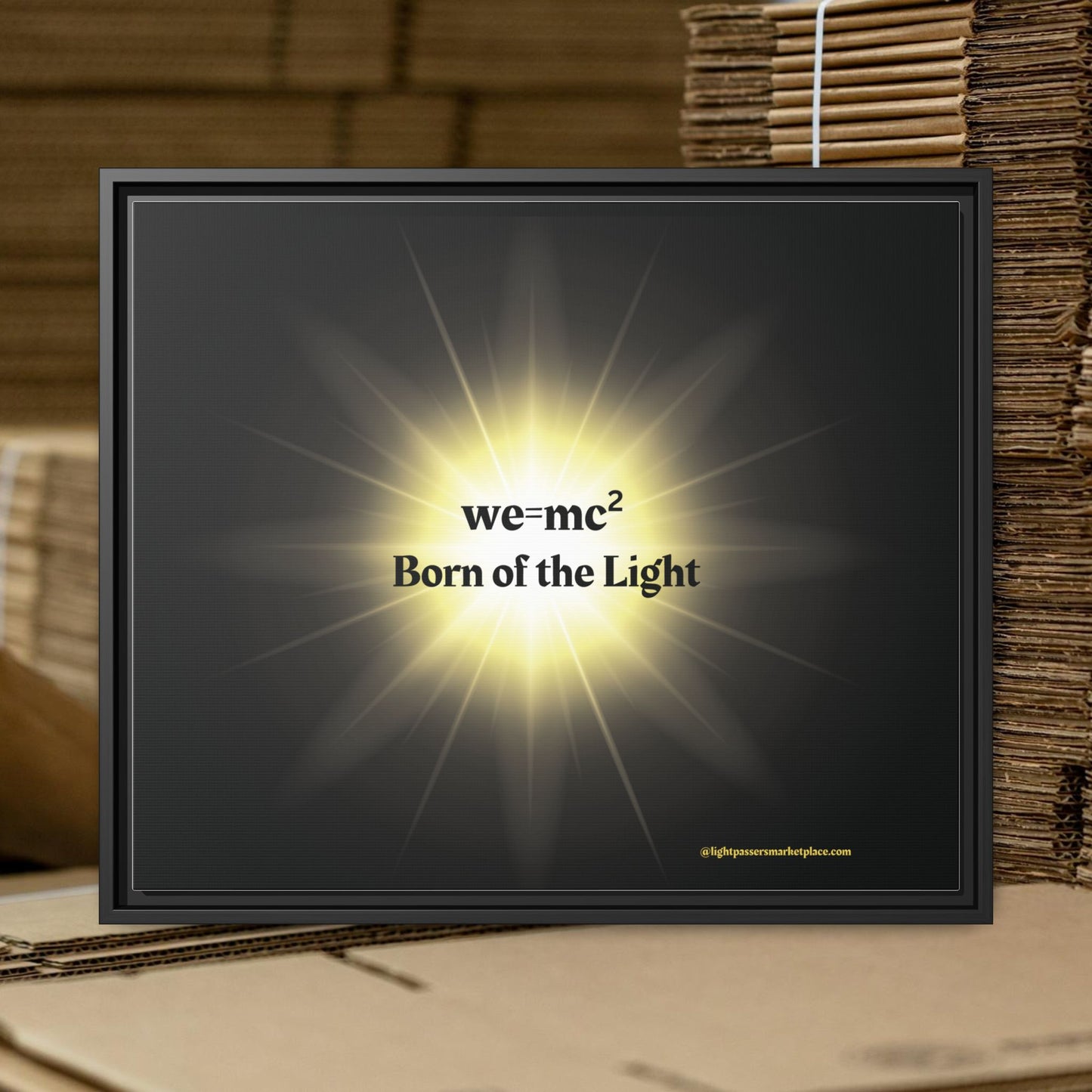 Inspirational Framed Canvas Art - we=mc² Born of the Light, featuring a black square frame with yellow light, ideal for inspiring creativity in any space.