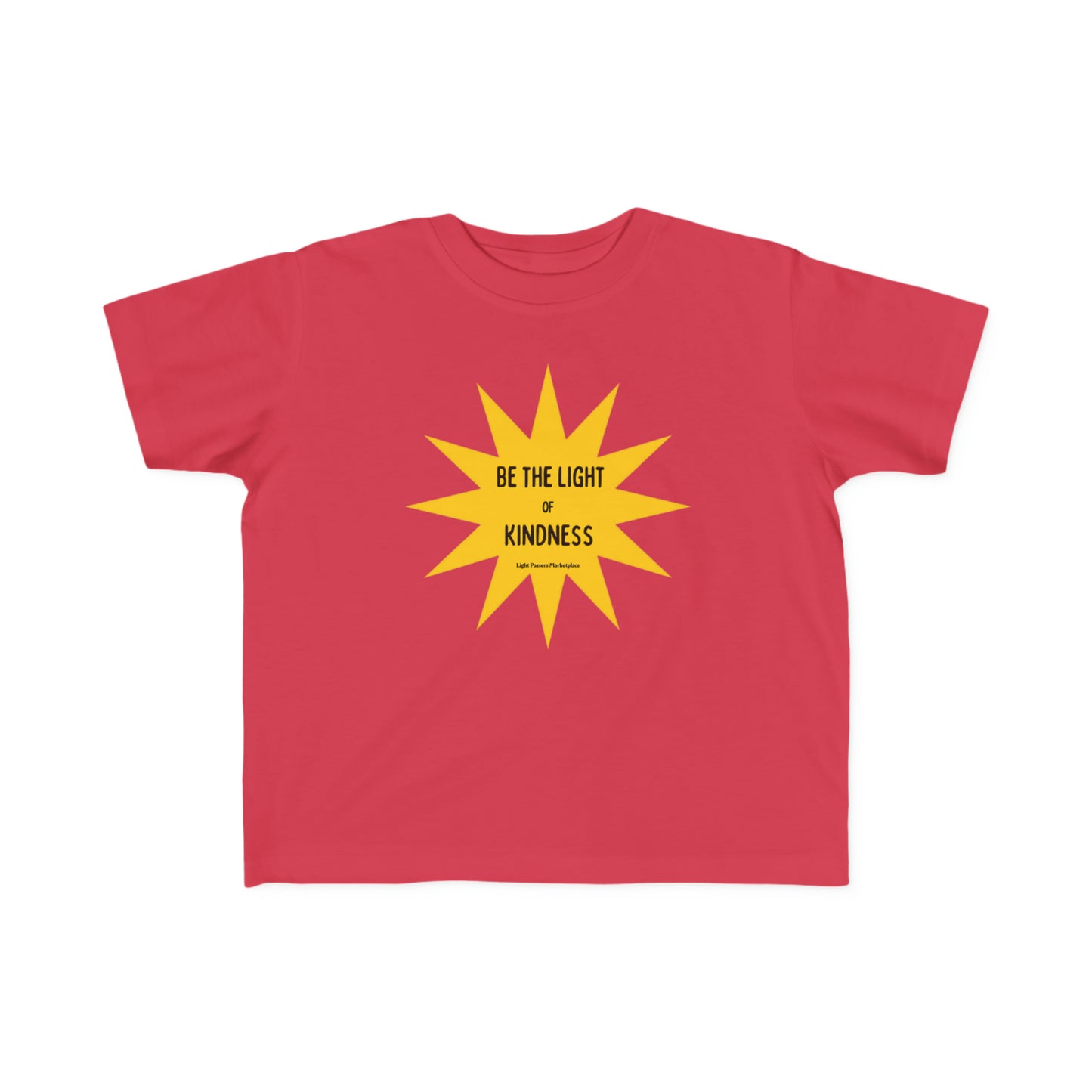 A toddler tee featuring a yellow star with black text, ideal for sensitive skin. Made of 100% combed, ring-spun cotton, light fabric, tear-away label, and a classic fit.