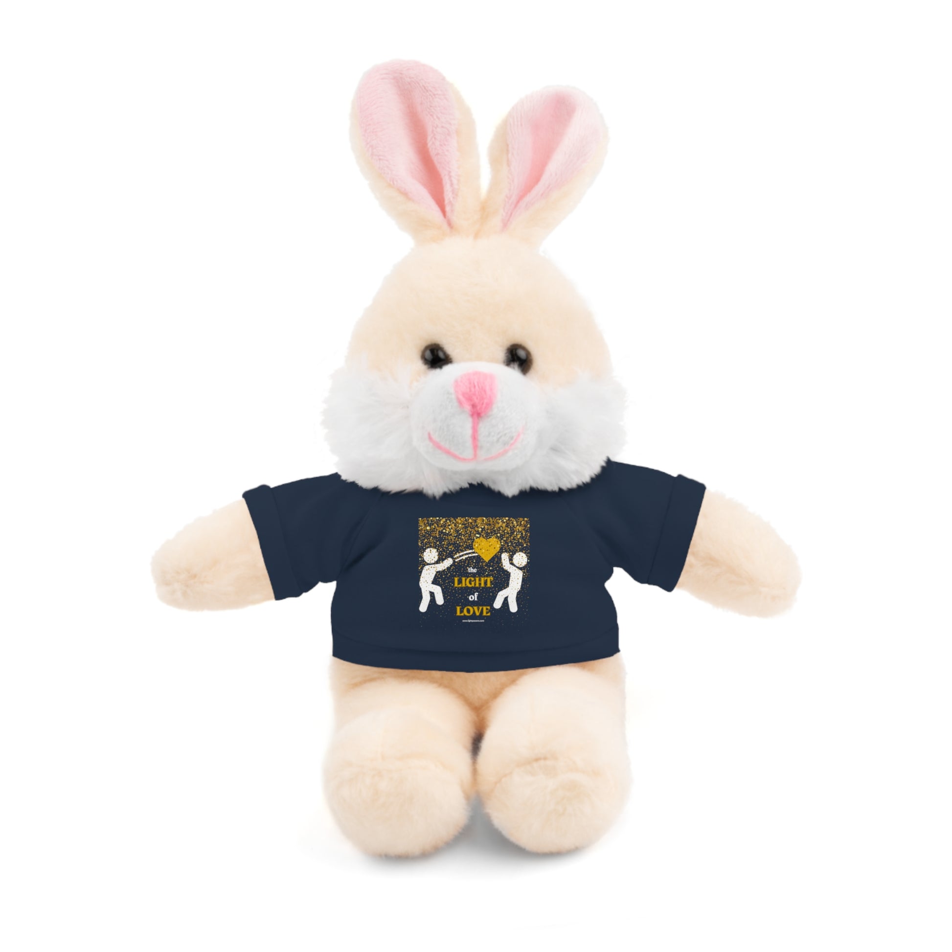 Bunny plushie wearing a customizable tee from Toss the Light of Love Gold Heart collection, 8 tall, polyester stuffed, perfect for children aged 3+.