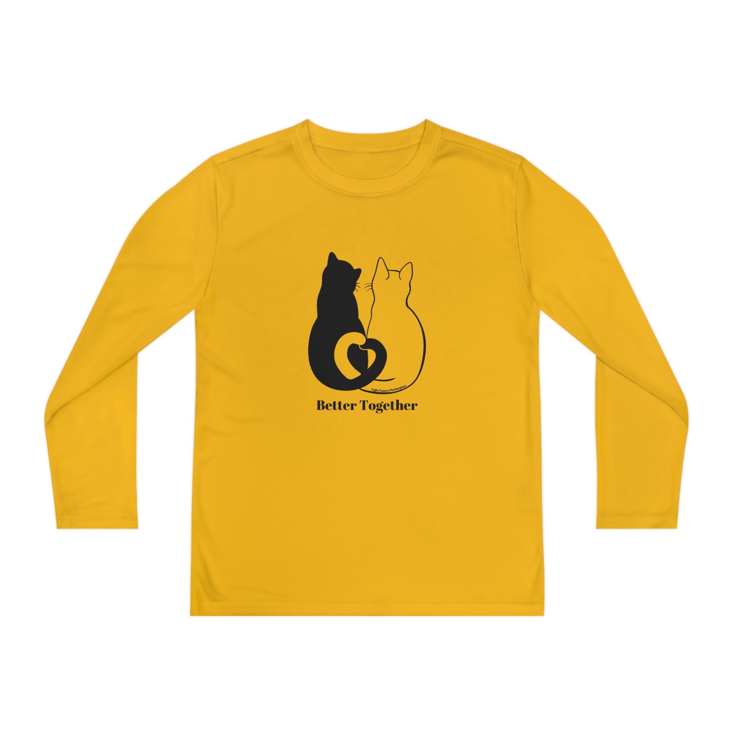 Youth Long Sleeve 2 Cats Heart Love Tails shirt with intertwined cat tails forming a heart, perfect for cat lovers and everyday wear.