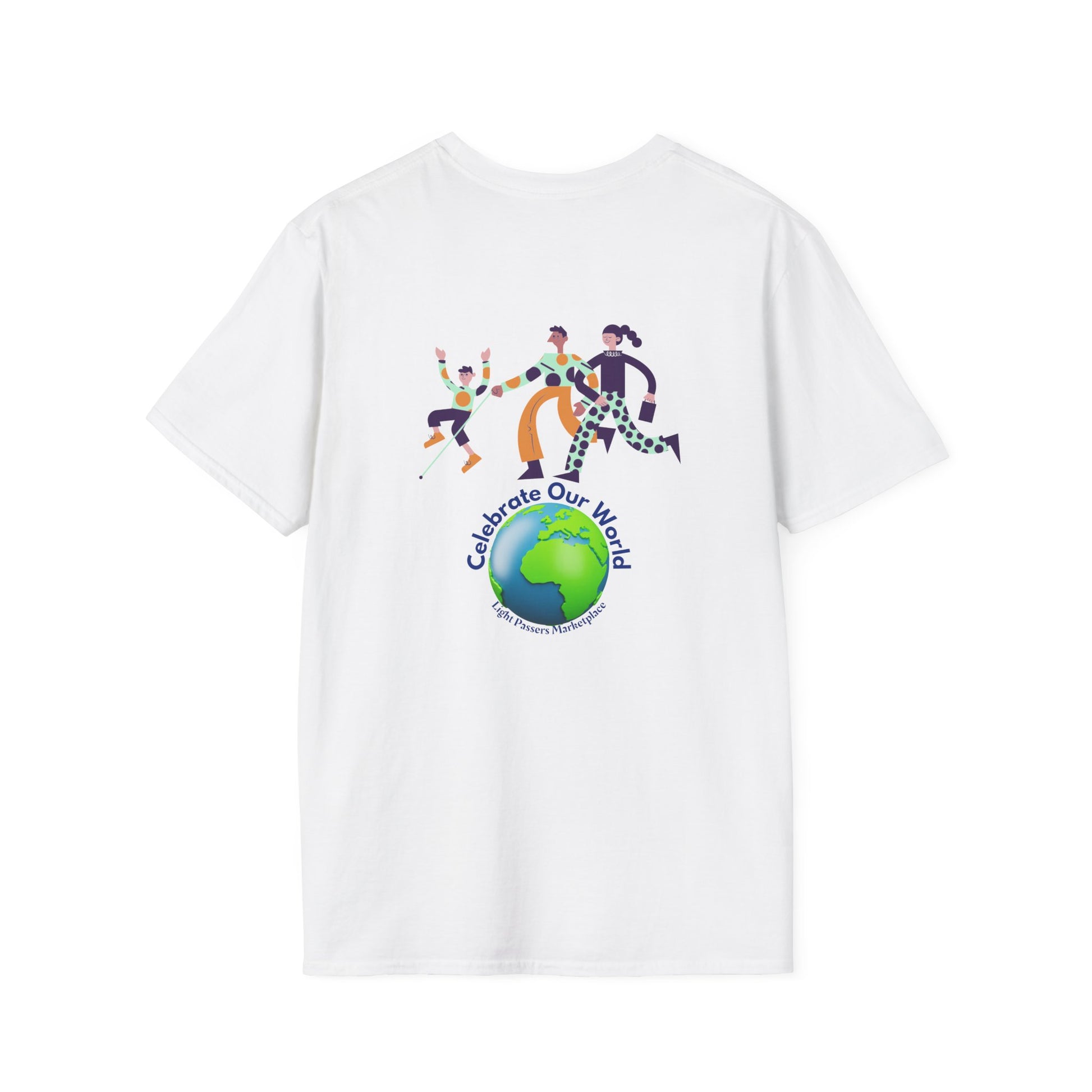 A white unisex t-shirt featuring a globe and dancing figures. Made of soft 100% cotton, with twill tape shoulders for durability and a ribbed collar. Ethically sourced and Oeko-Tex certified.