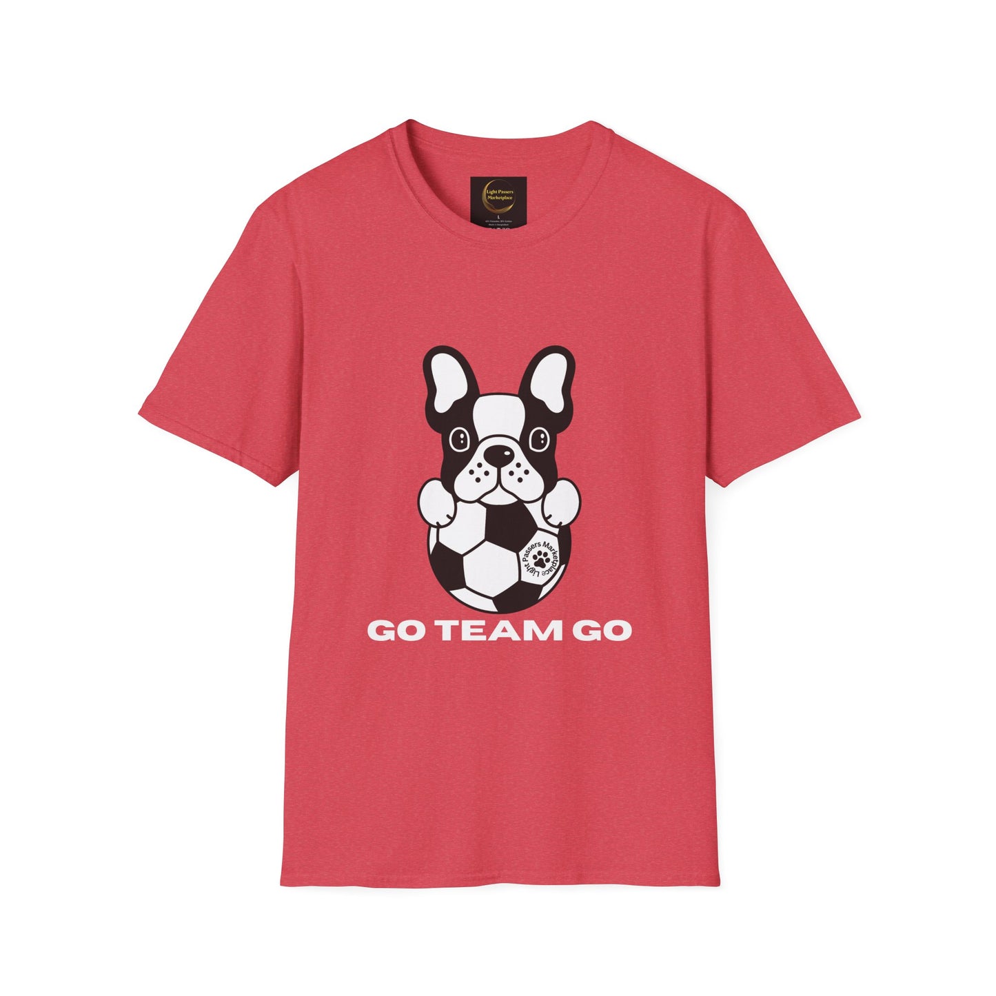 Heather-red Soccer Dog Unisex T-Shirt featuring a cartoon French bulldog with a soccer ball and GO TEAM GO slogan, emphasizing casual comfort and durability.